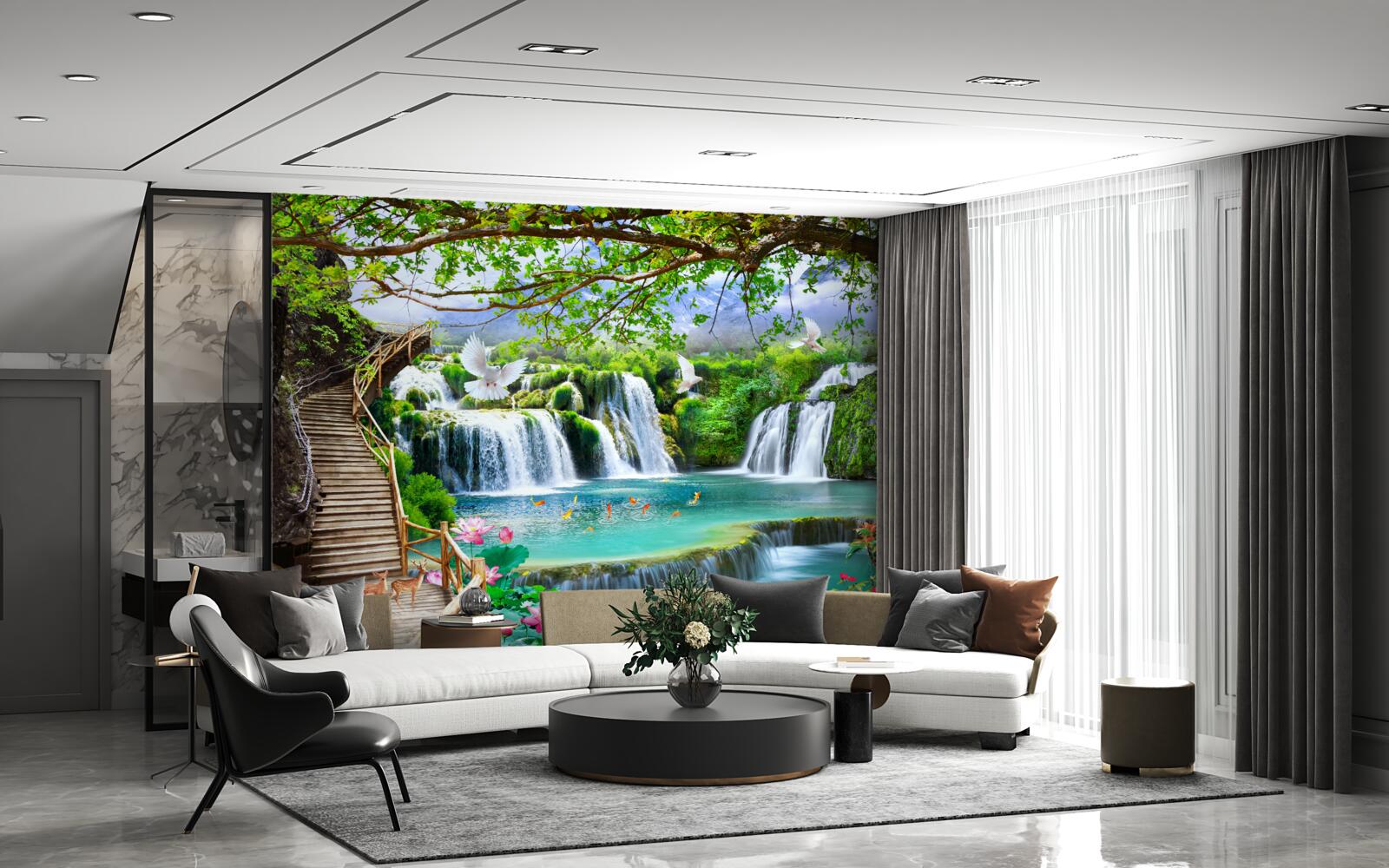 Fototapet fotografie cu cascade și vegetație verde