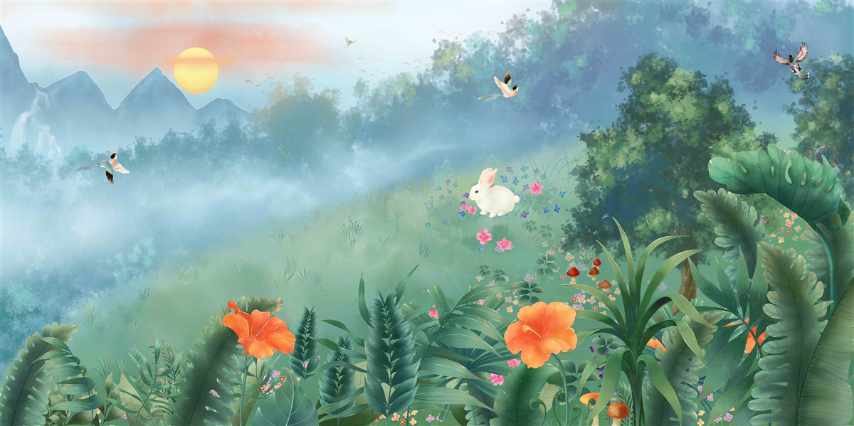 Fototapet răsărit de soare peste o poiană de munte