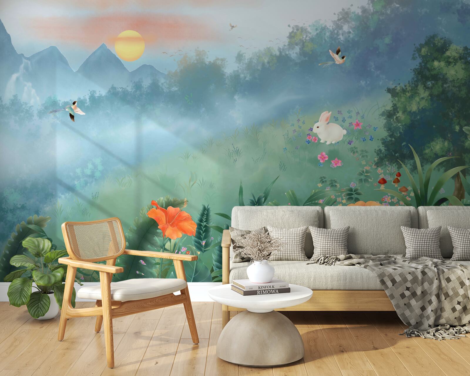 Fototapet răsărit de soare peste o poiană de munte