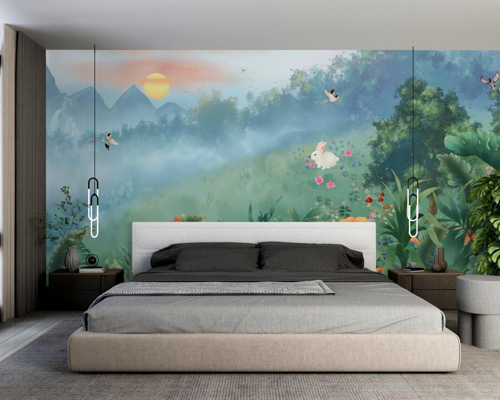 Fototapet răsărit de soare peste o poiană de munte