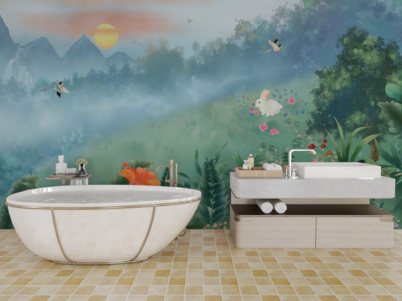 Fototapet răsărit de soare peste o poiană de munte