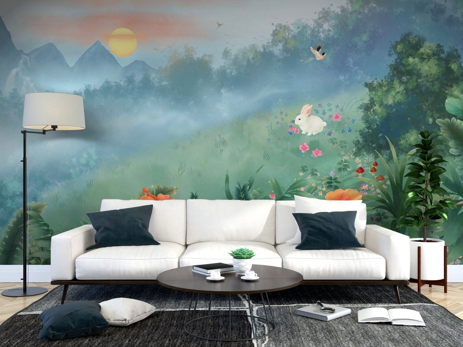 Fototapet răsărit de soare peste o poiană de munte