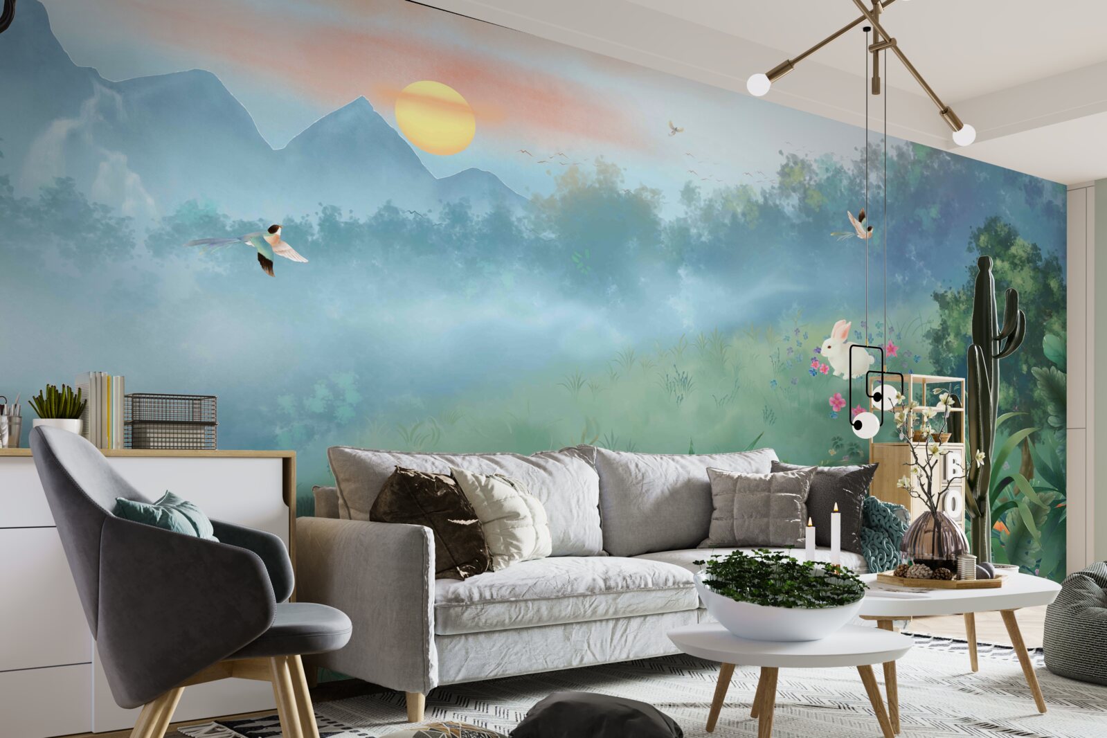 Fototapet răsărit de soare peste o poiană de munte