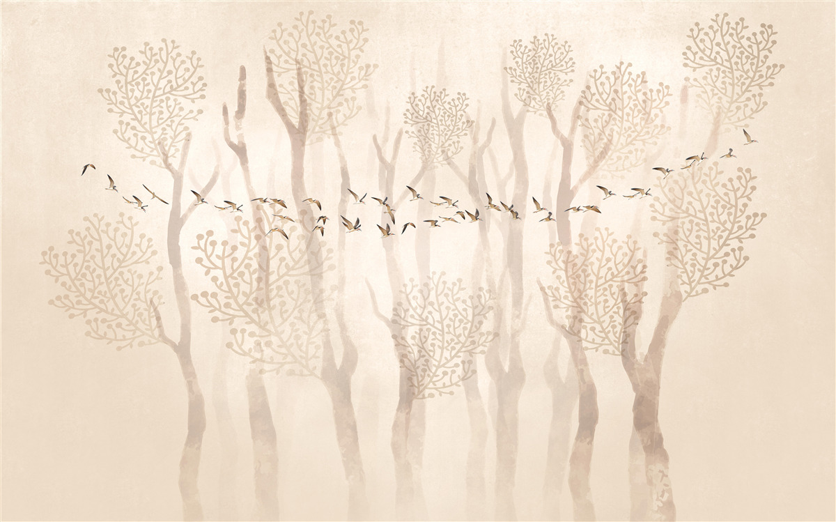 Fototapet copaci grațioși și un grup de păsări