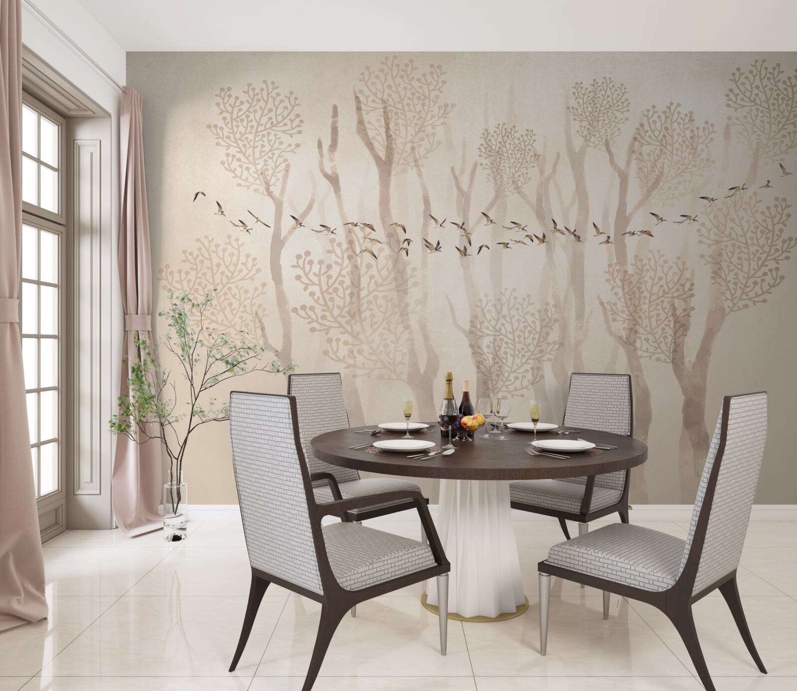 Fototapet copaci grațioși și un grup de păsări