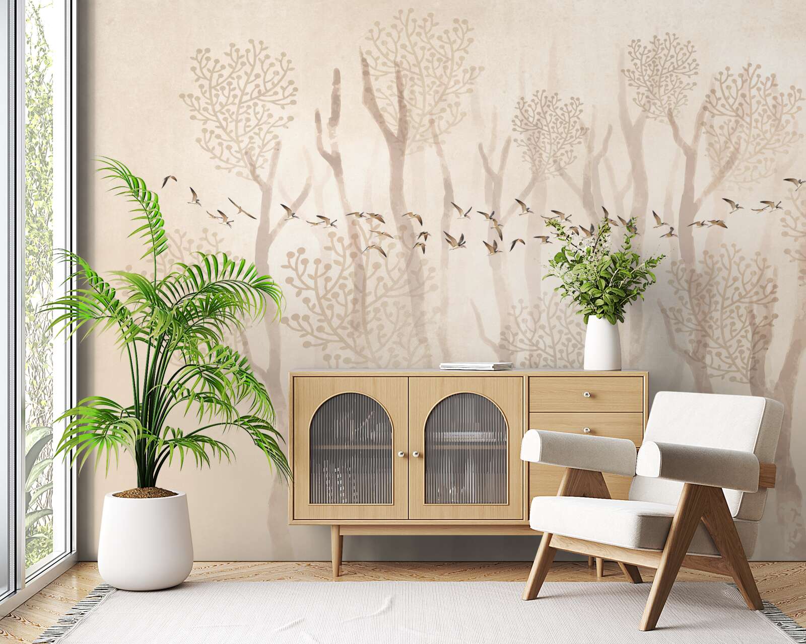 Fototapet copaci grațioși și un grup de păsări