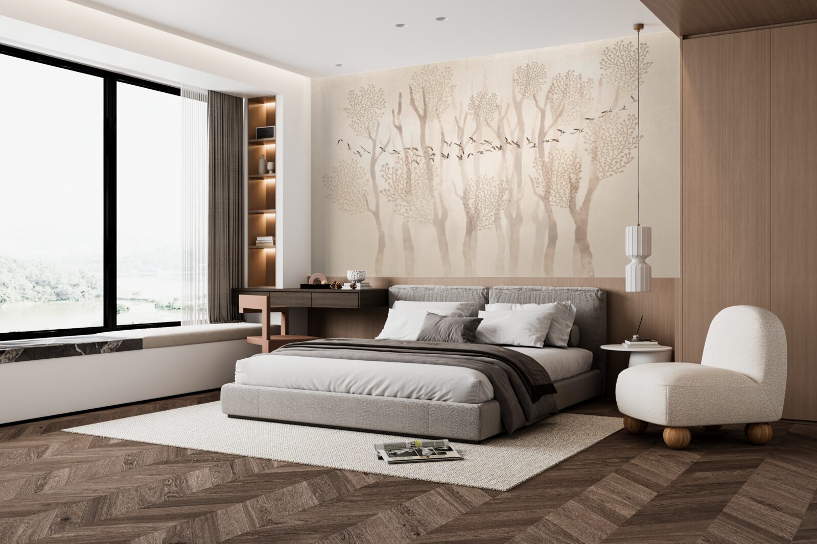 Fototapet copaci grațioși și un grup de păsări