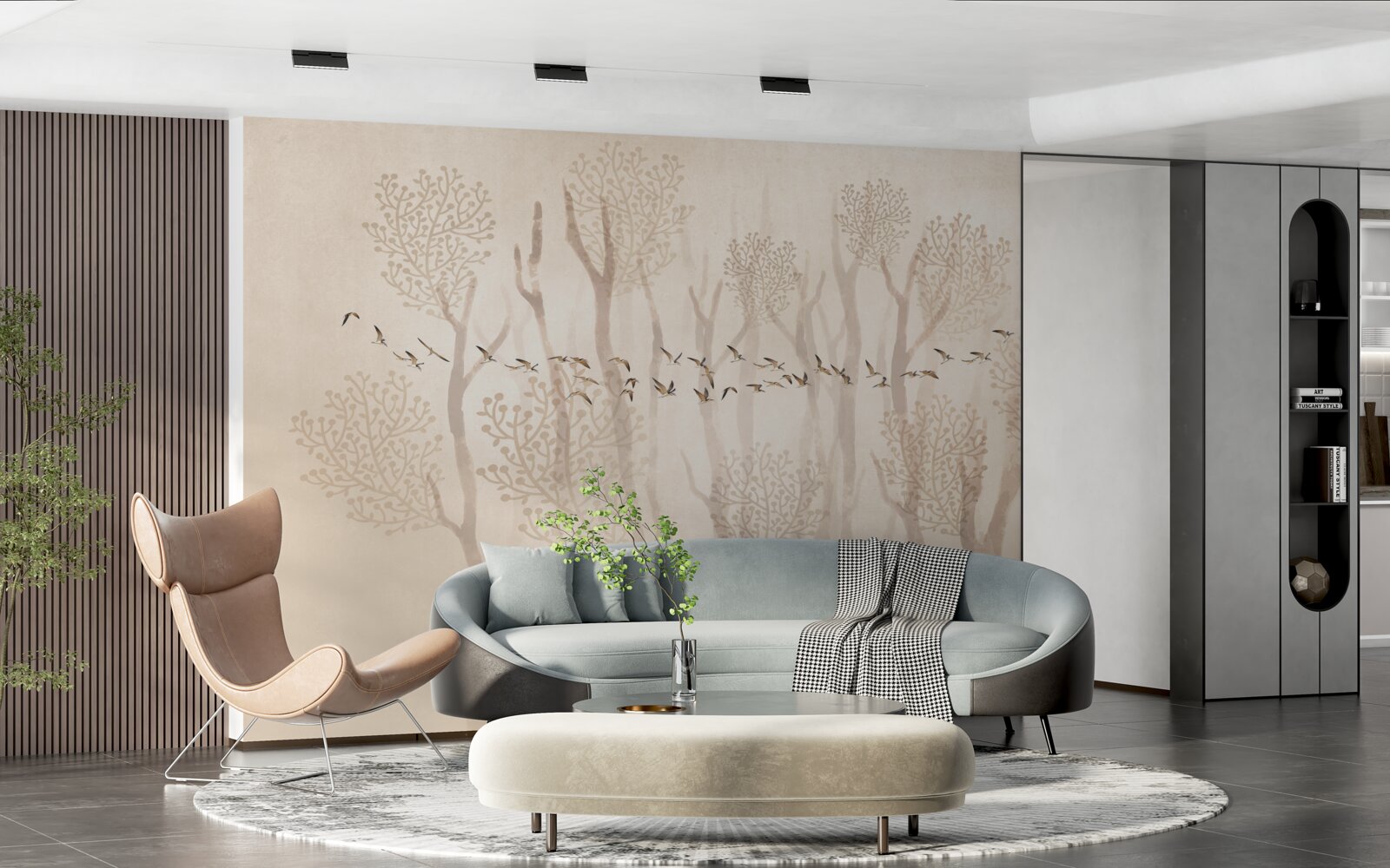 Fototapet copaci grațioși și un grup de păsări