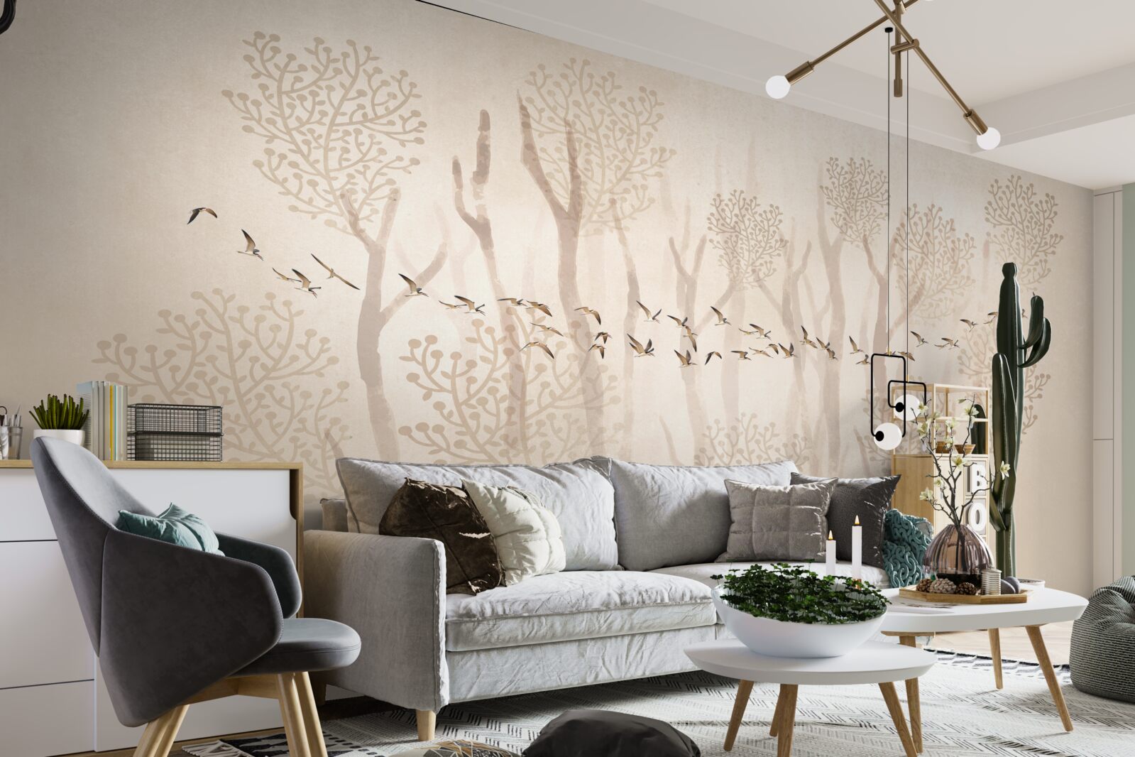 Fototapet copaci grațioși și un grup de păsări