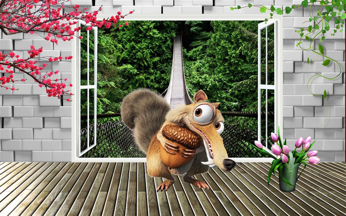 Fototapet o veveriță desenată poate fi văzută de la fereastră