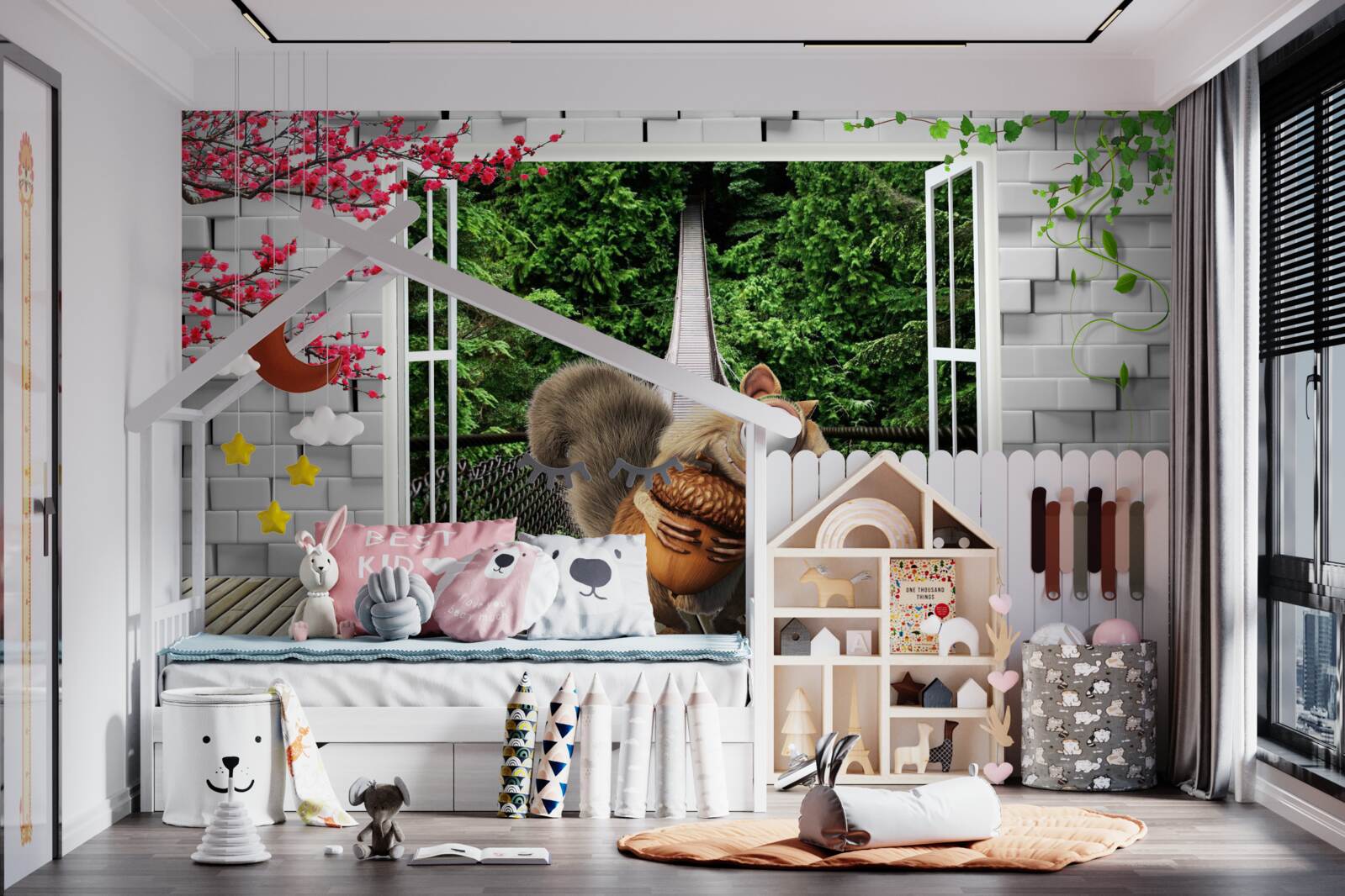 Fototapet o veveriță desenată poate fi văzută de la fereastră