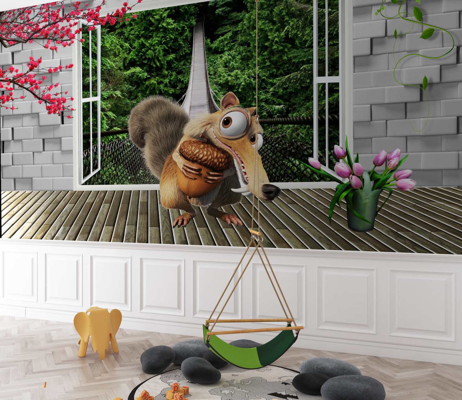 Fototapet o veveriță desenată poate fi văzută de la fereastră