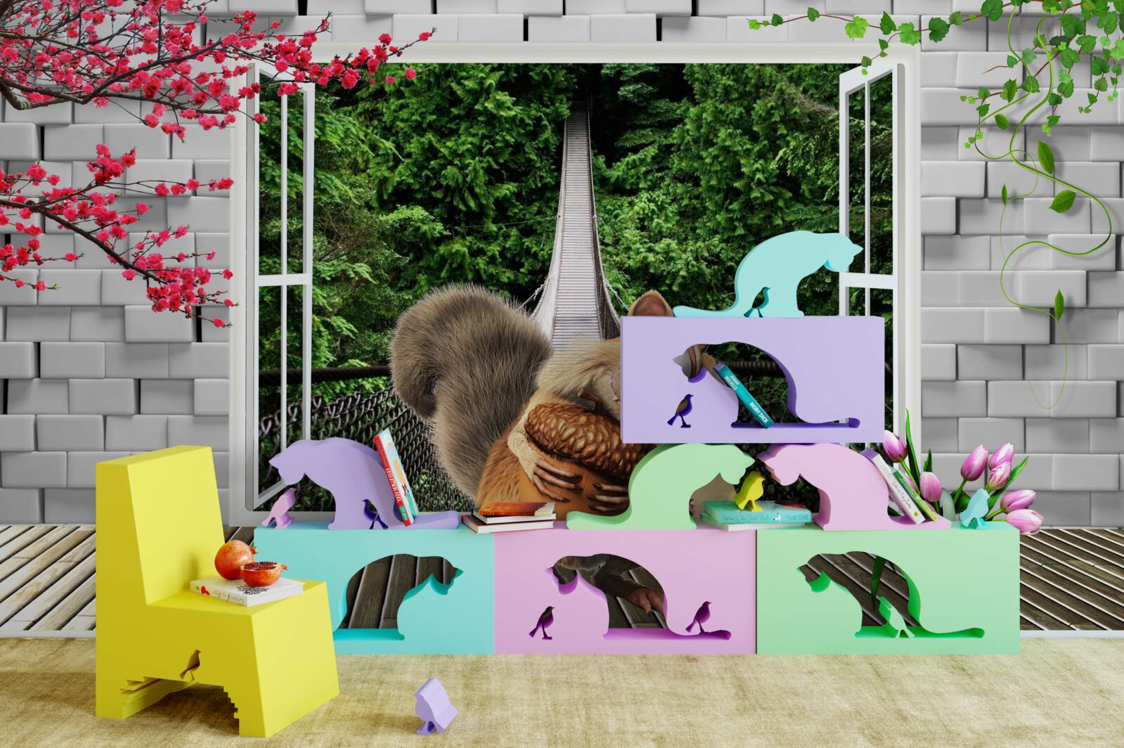 Fototapet o veveriță desenată poate fi văzută de la fereastră