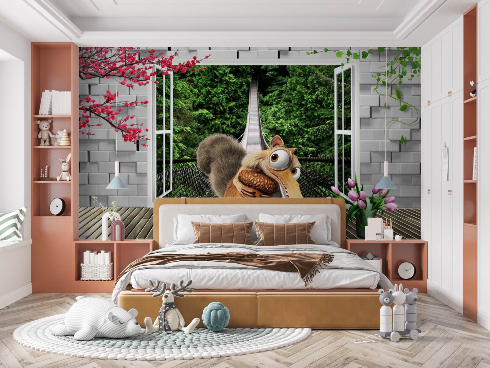 Fototapet o veveriță desenată poate fi văzută de la fereastră