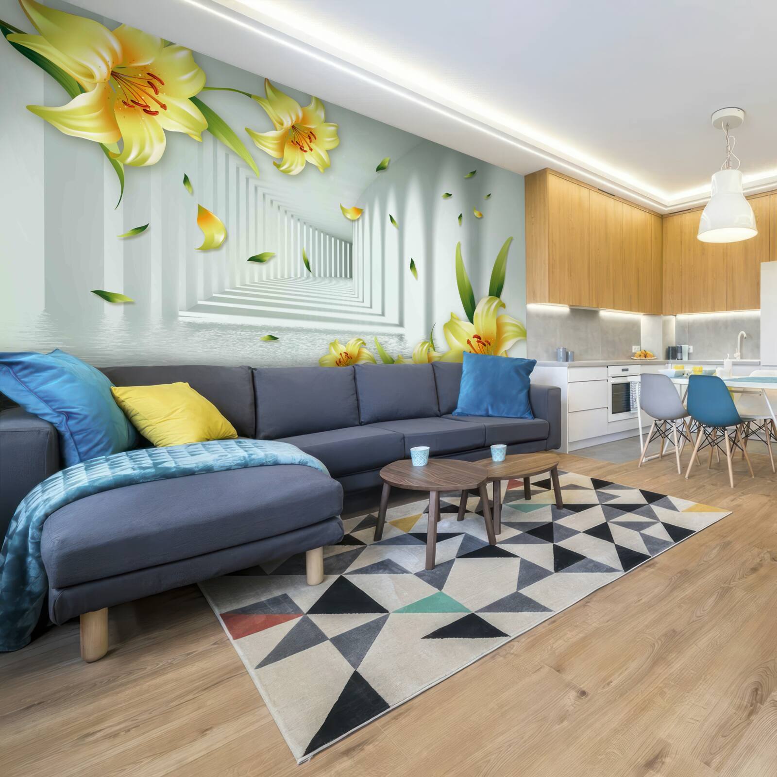 Fototapet tunel tridimensional cu crini galbeni