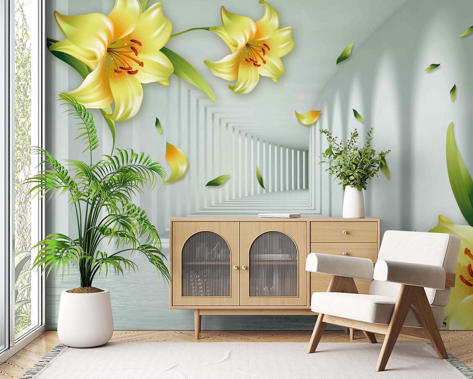 Fototapet tunel tridimensional cu crini galbeni