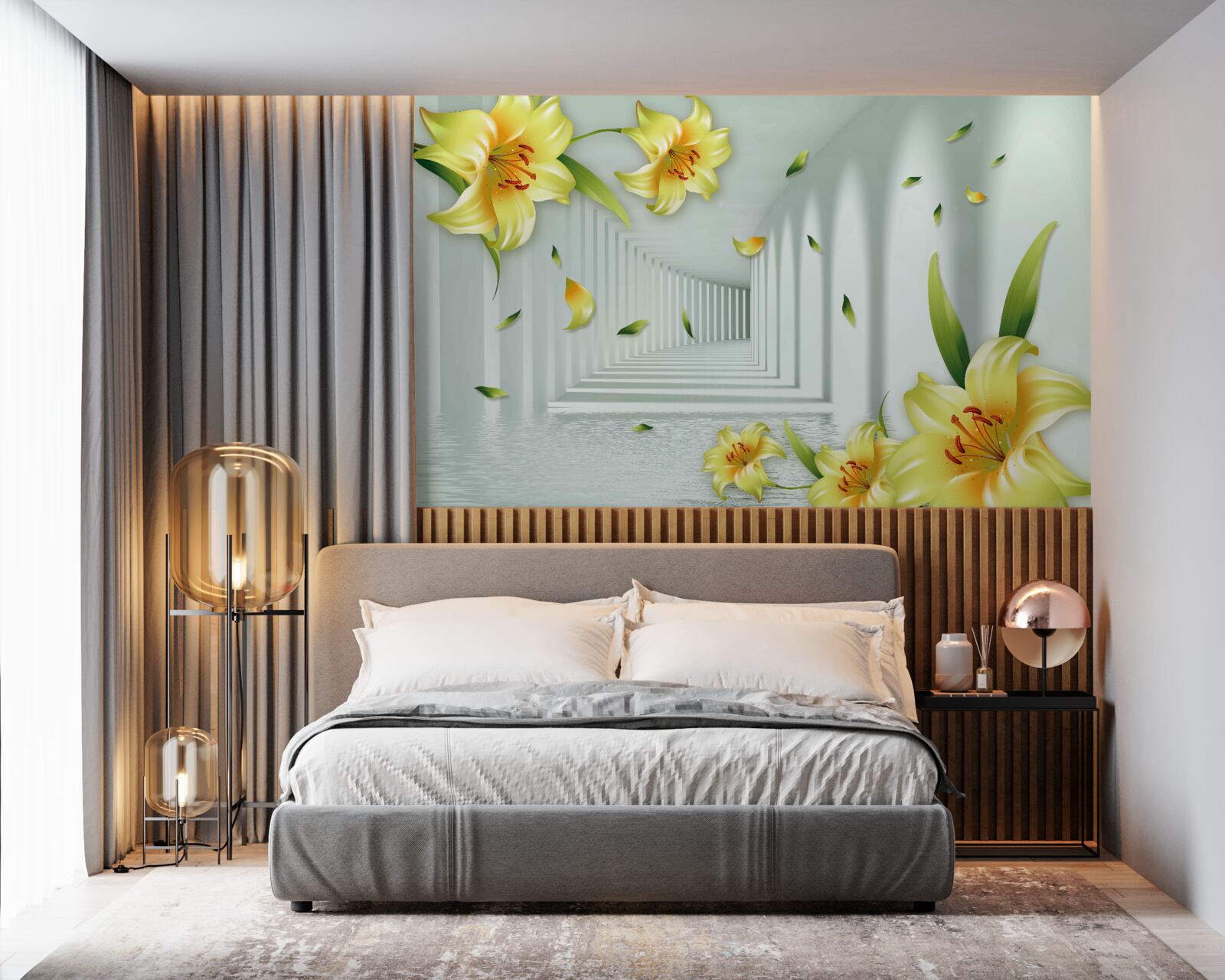 Fototapet tunel tridimensional cu crini galbeni