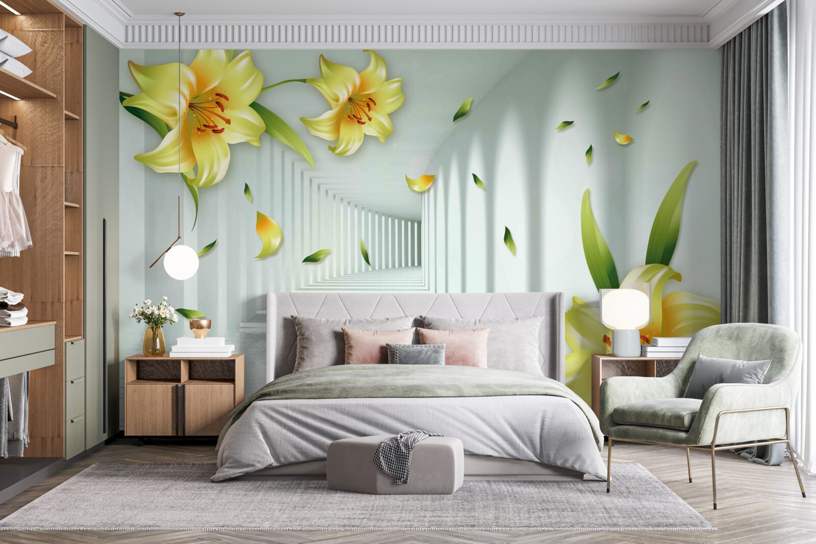 Fototapet tunel tridimensional cu crini galbeni