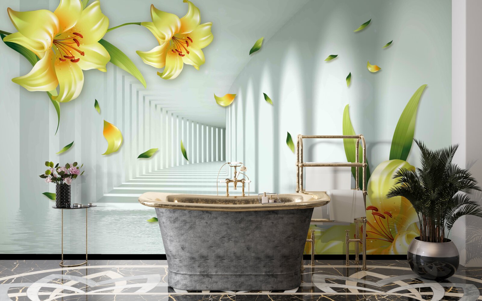 Fototapet tunel tridimensional cu crini galbeni