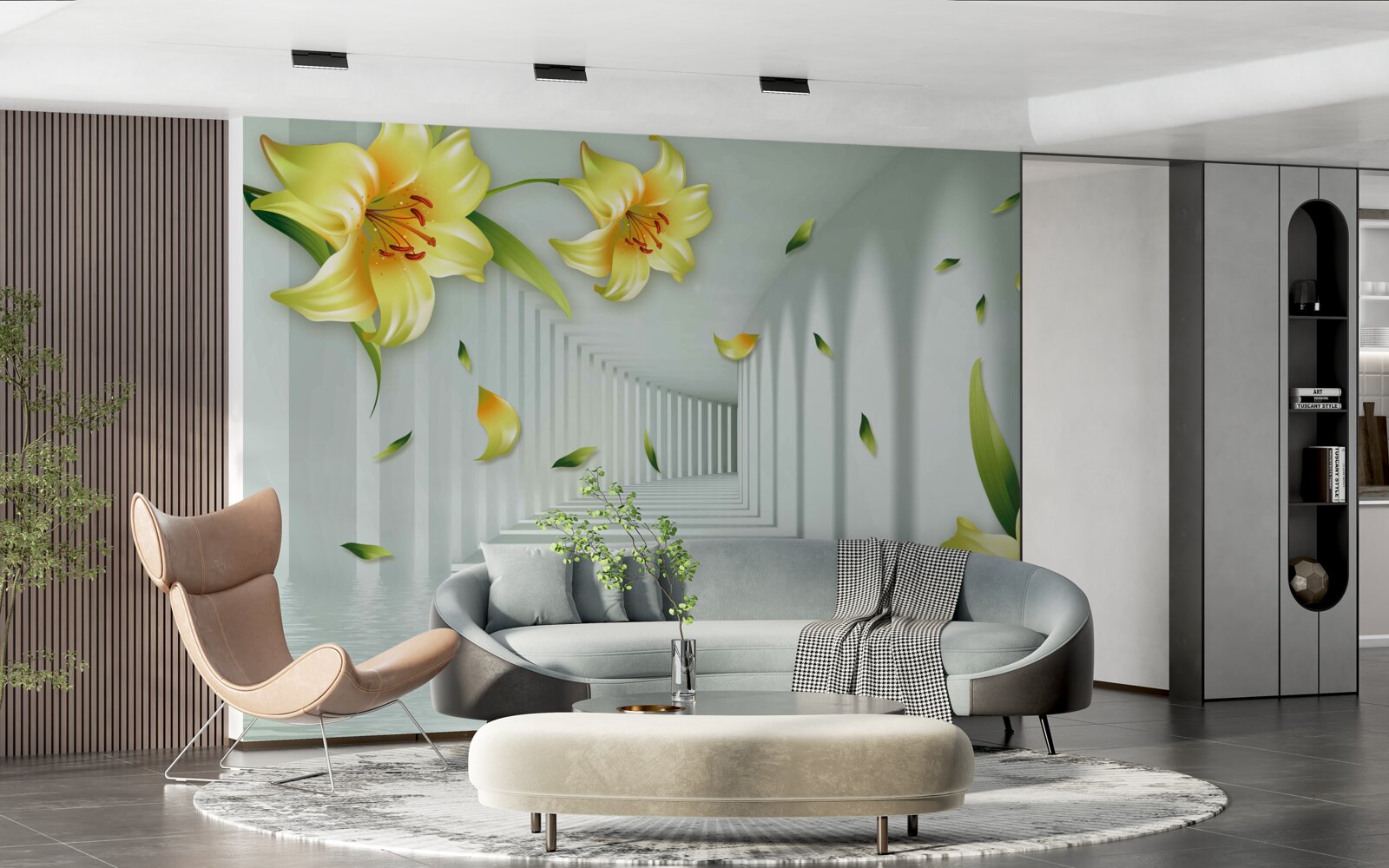 Fototapet tunel tridimensional cu crini galbeni