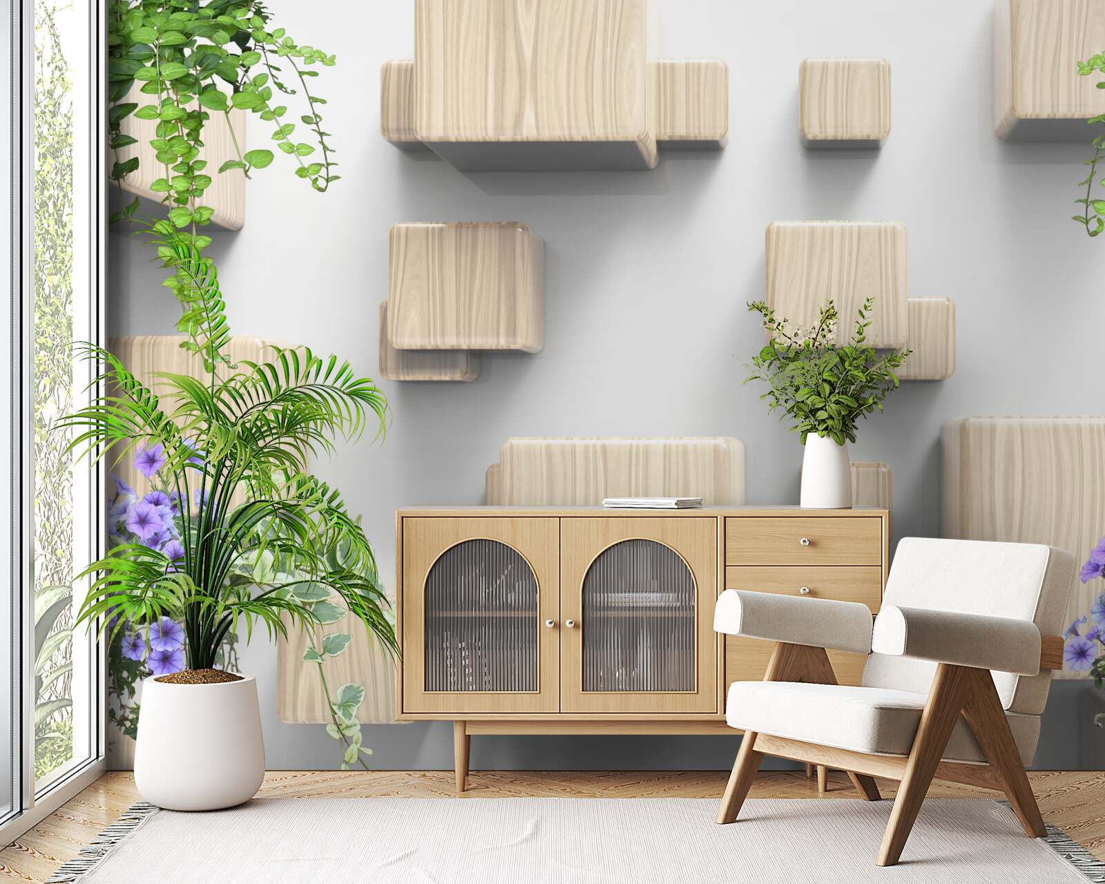 Fototapet cuburi levitatoare din lemn