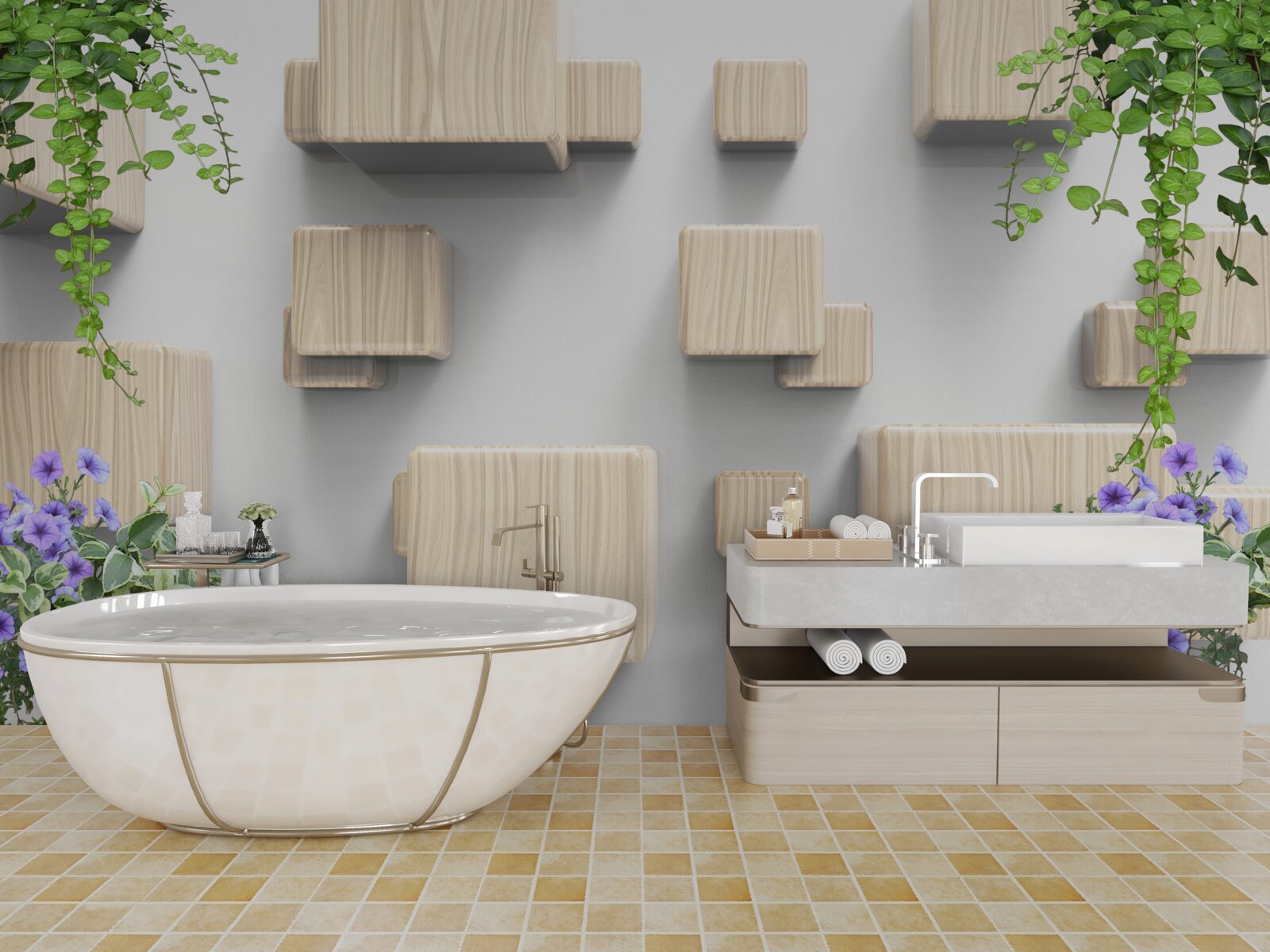 Fototapet cuburi levitatoare din lemn