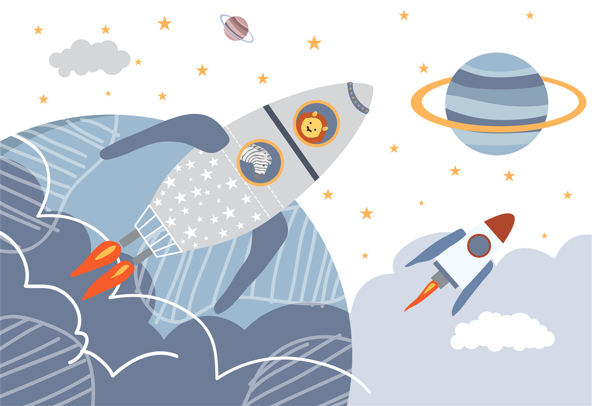 Fototapet zebra și leul zboară pe o rachetă