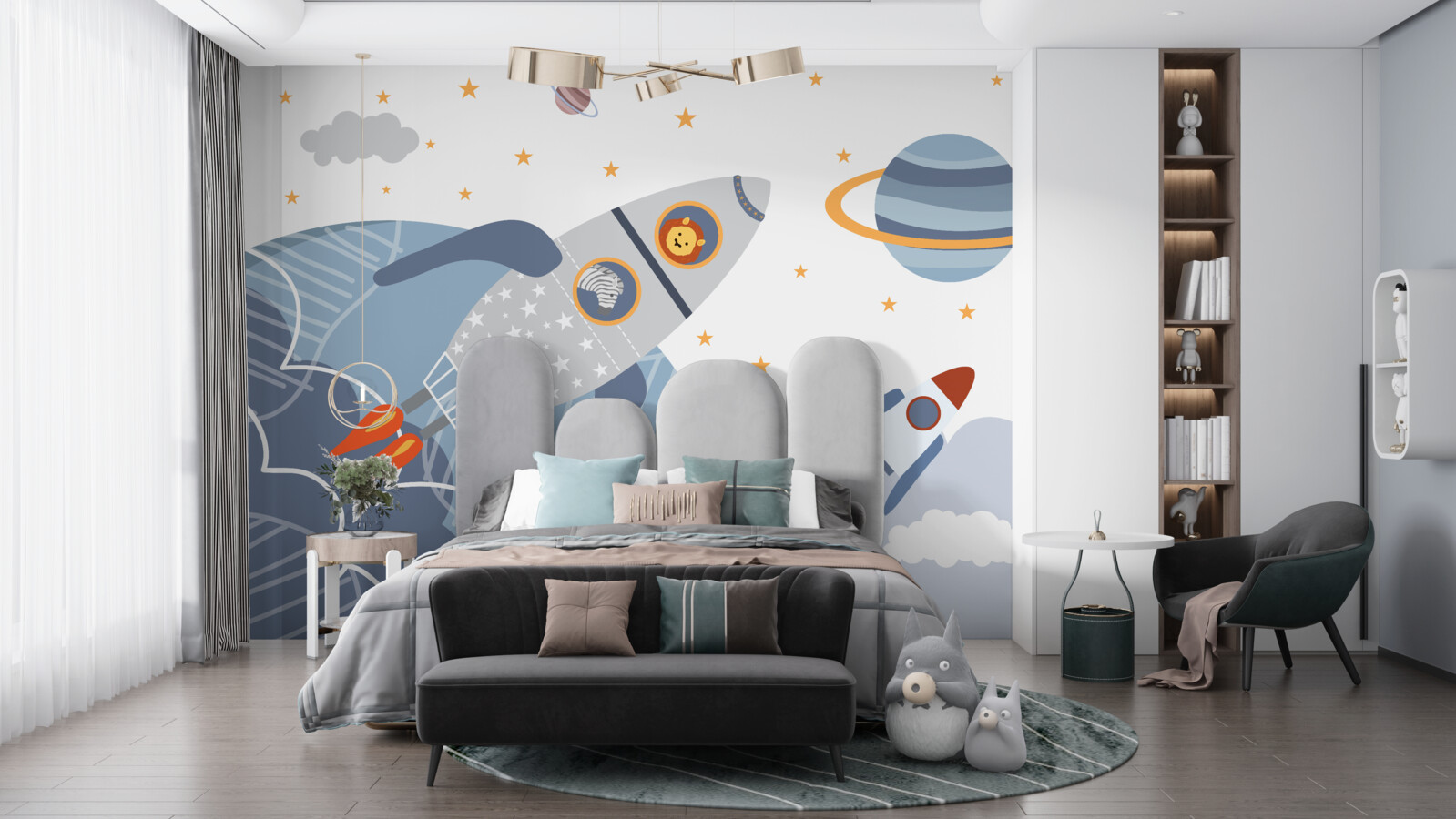 Fototapet zebra și leul zboară pe o rachetă