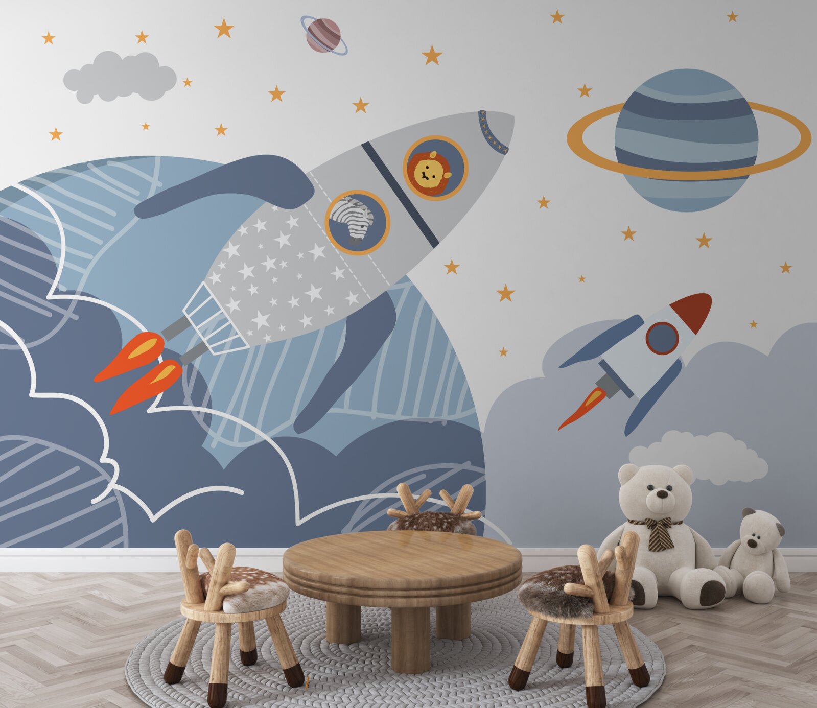 Fototapet zebra și leul zboară pe o rachetă