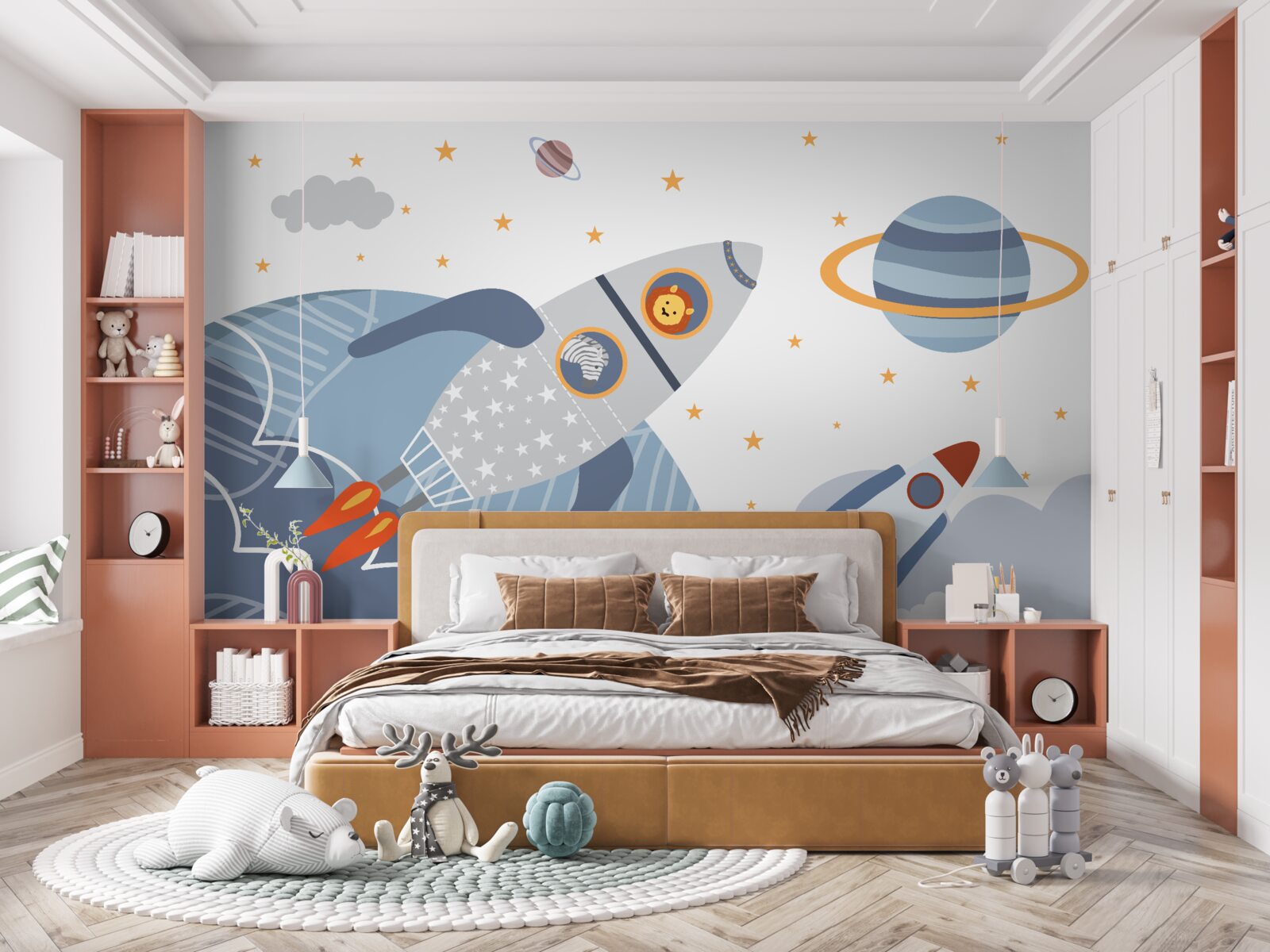 Fototapet zebra și leul zboară pe o rachetă