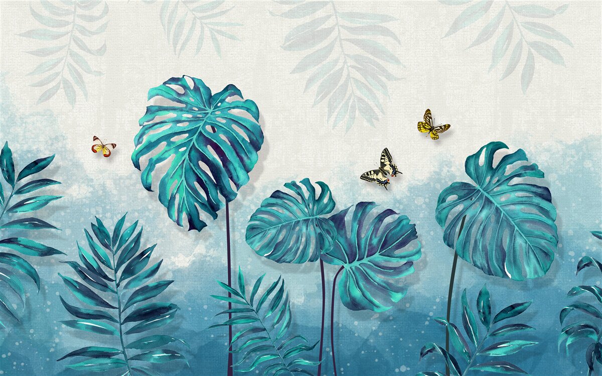 Fototapet frunzele monstera sunt albastre, decorate cu fluturi