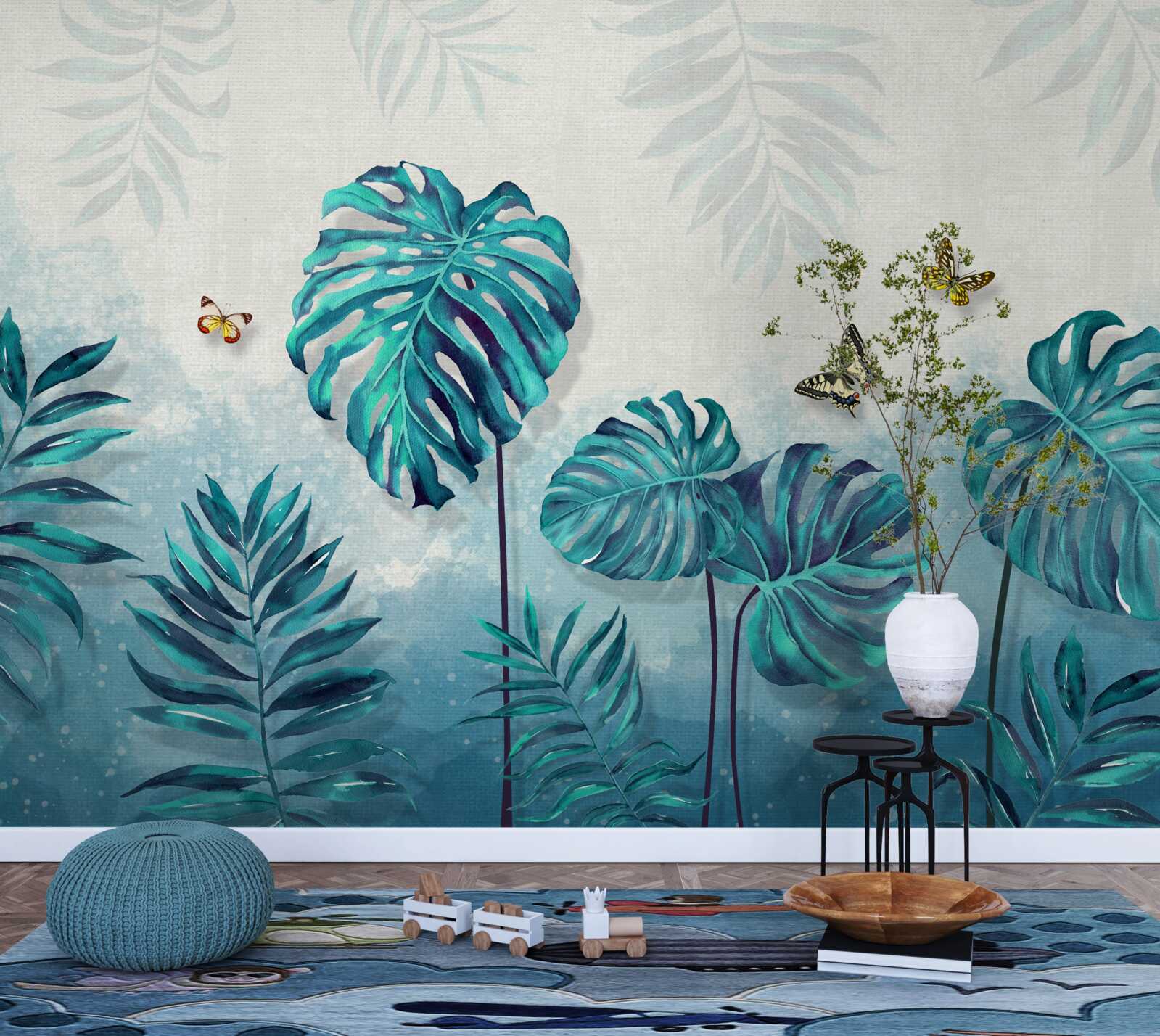 Fototapet frunzele monstera sunt albastre, decorate cu fluturi