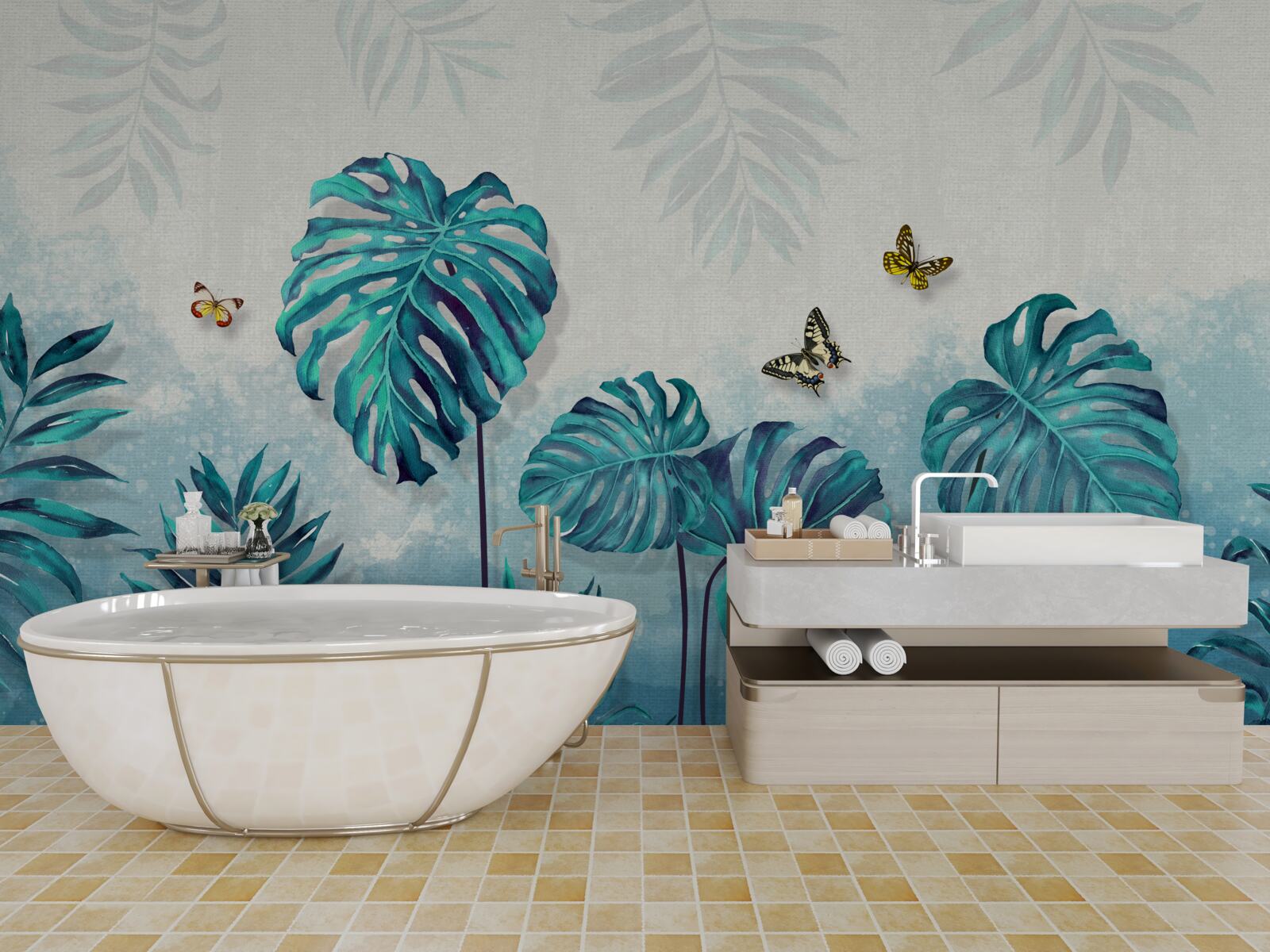 Fototapet frunzele monstera sunt albastre, decorate cu fluturi