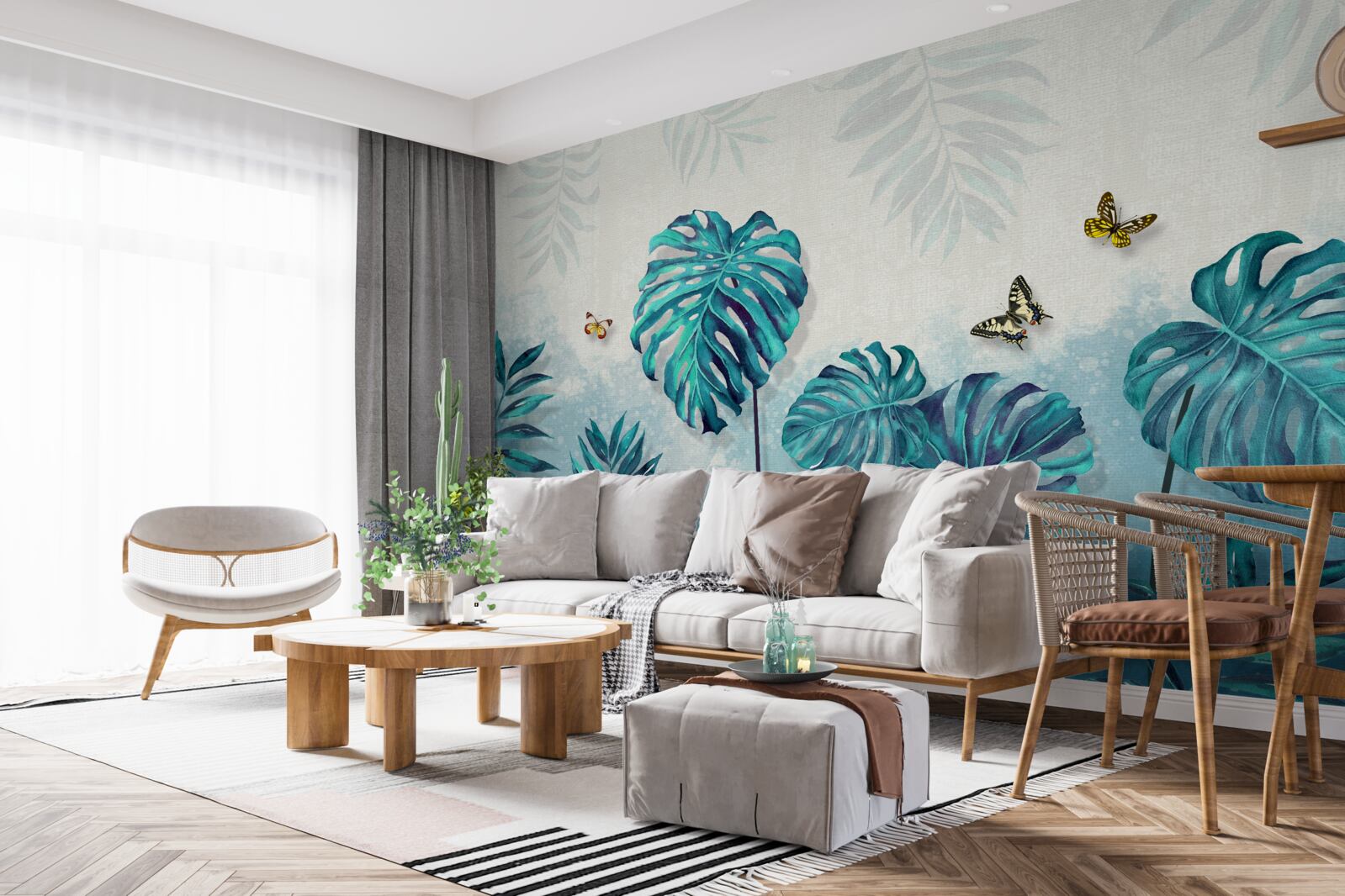 Fototapet frunzele monstera sunt albastre, decorate cu fluturi