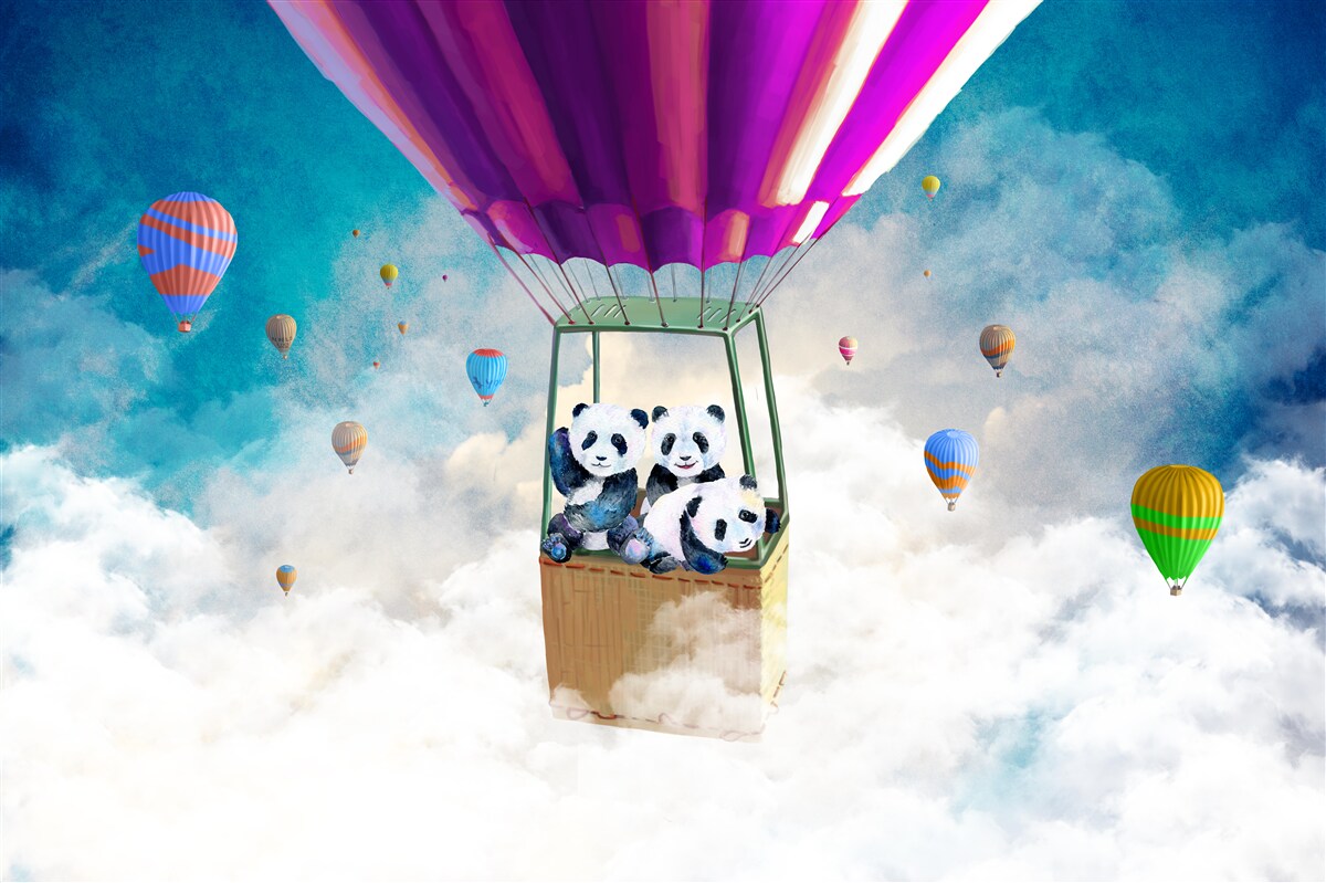 Fototapet balonul cu aer cald ridică panda pe cer