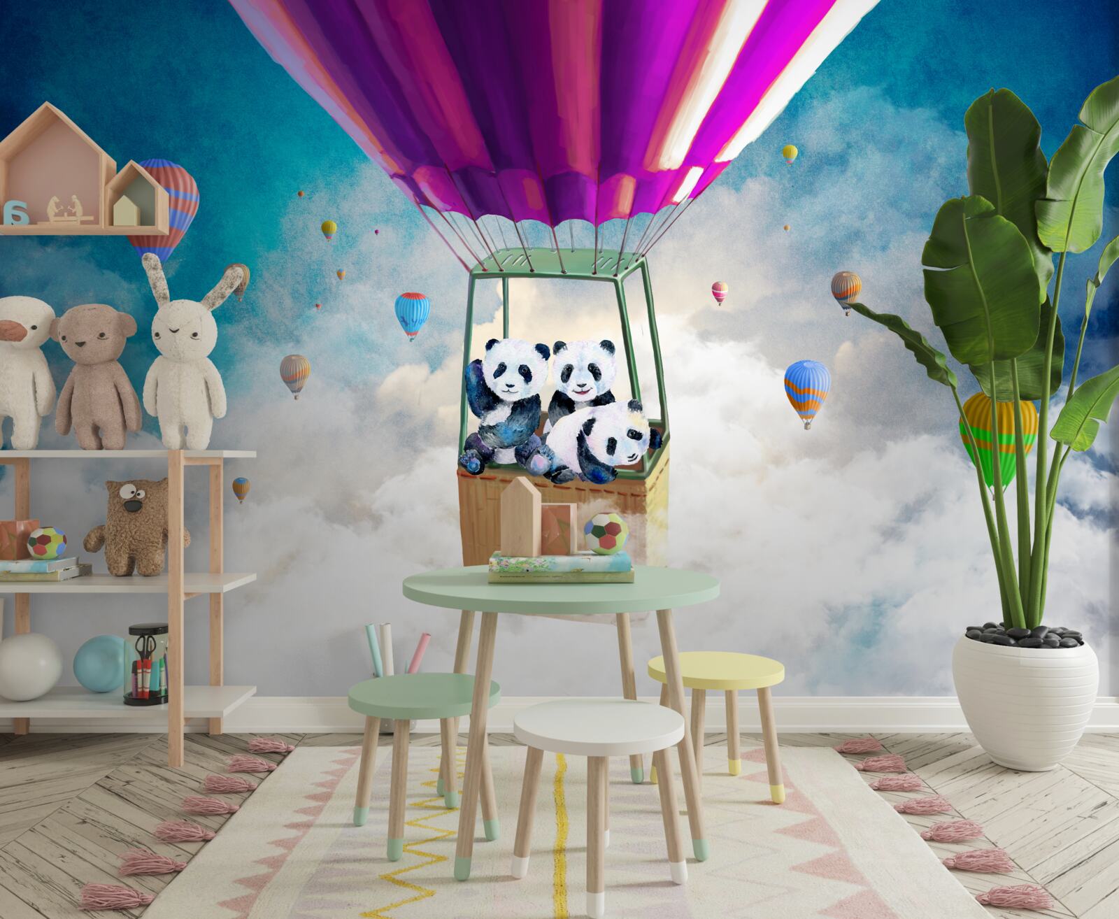 Fototapet balonul cu aer cald ridică panda pe cer