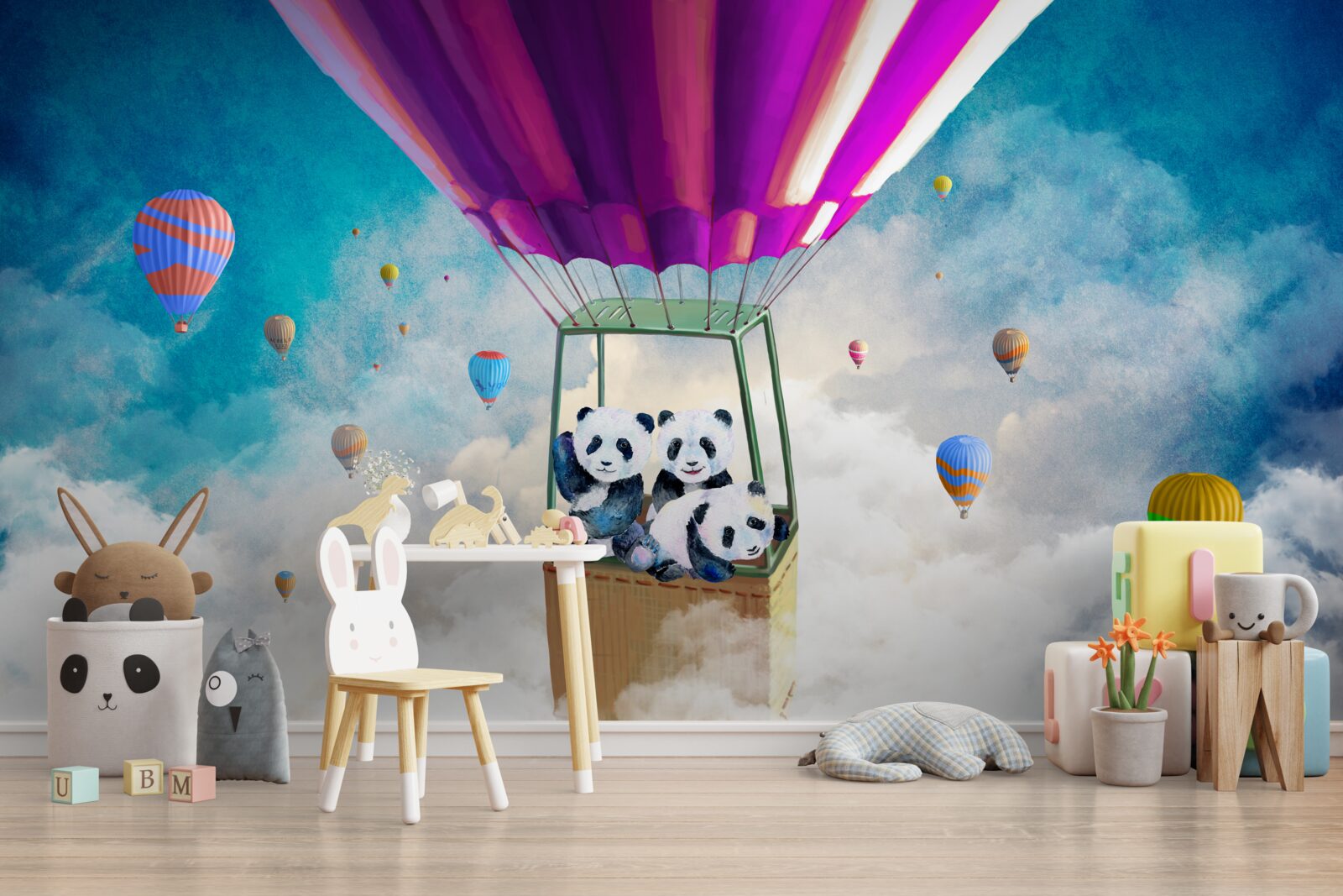 Fototapet balonul cu aer cald ridică panda pe cer