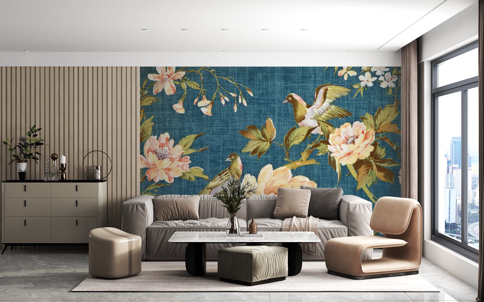 Fototapet doi papagali printre trandafiri