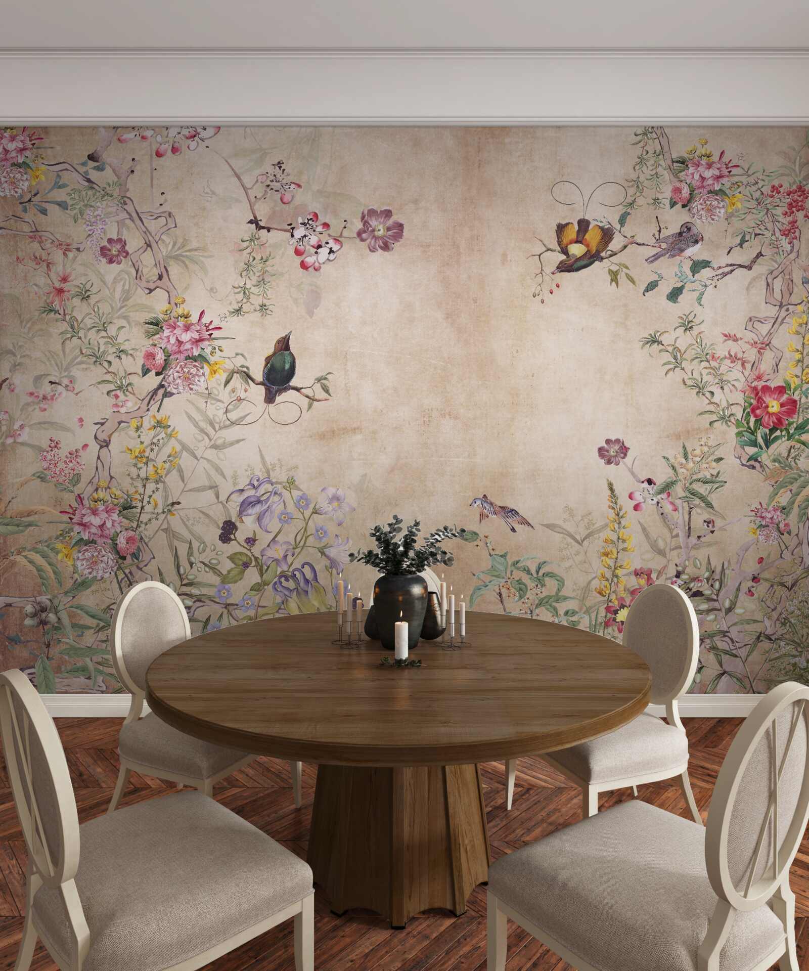 Fototapet păsări pe ramuri înflorite