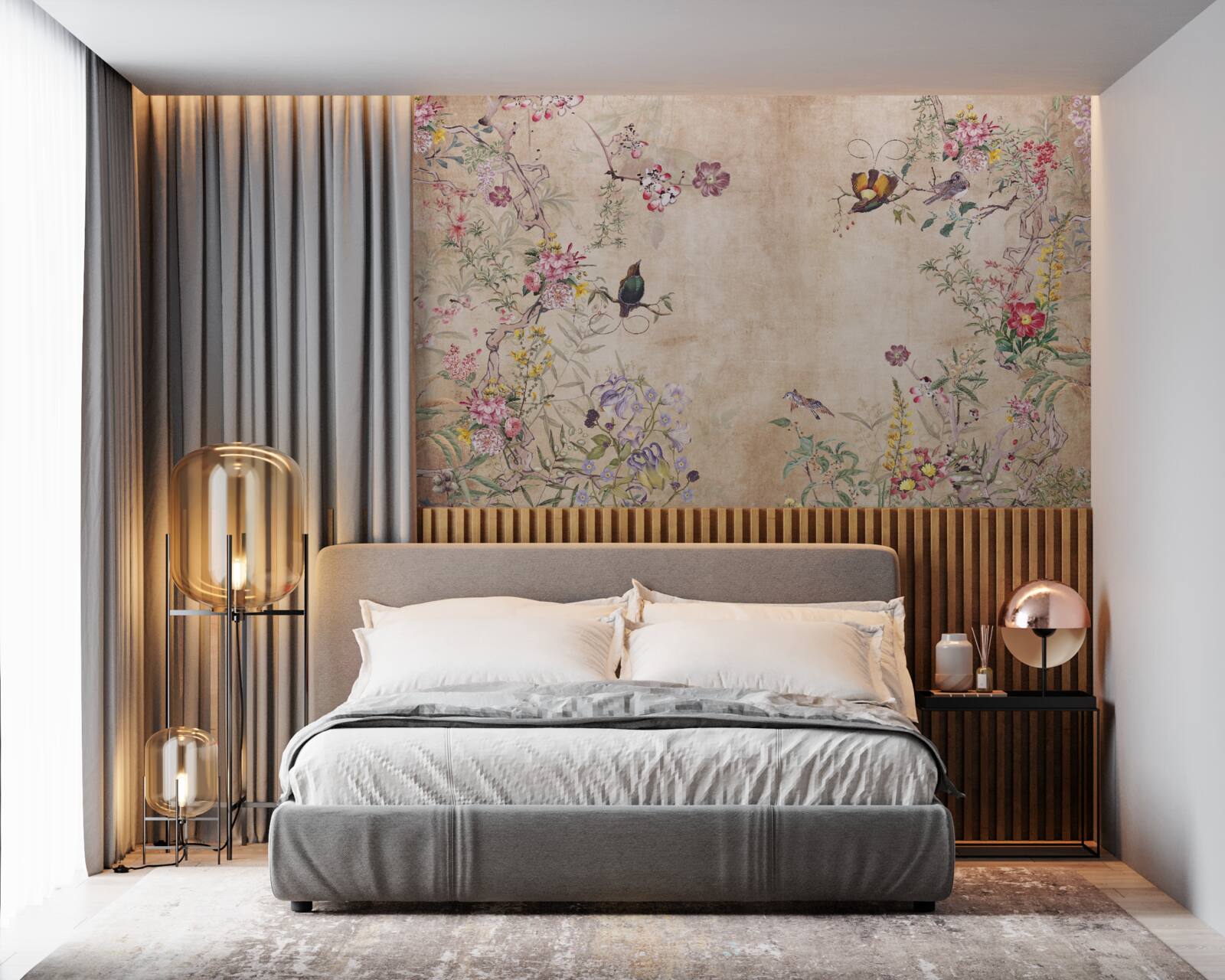 Fototapet păsări pe ramuri înflorite