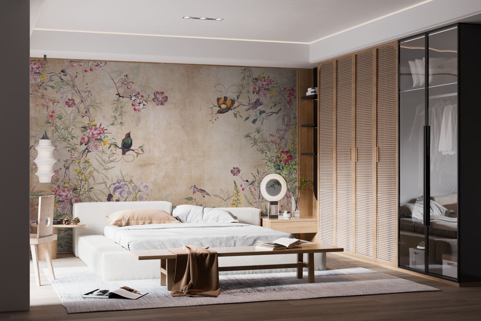 Fototapet păsări pe ramuri înflorite