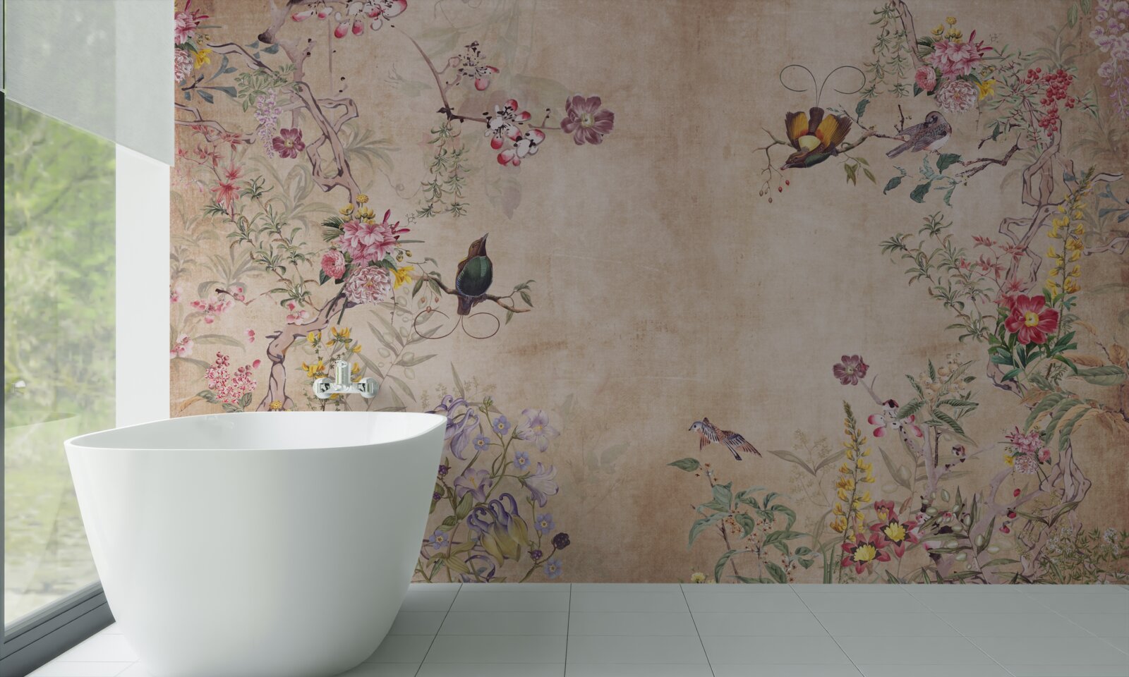 Fototapet păsări pe ramuri înflorite