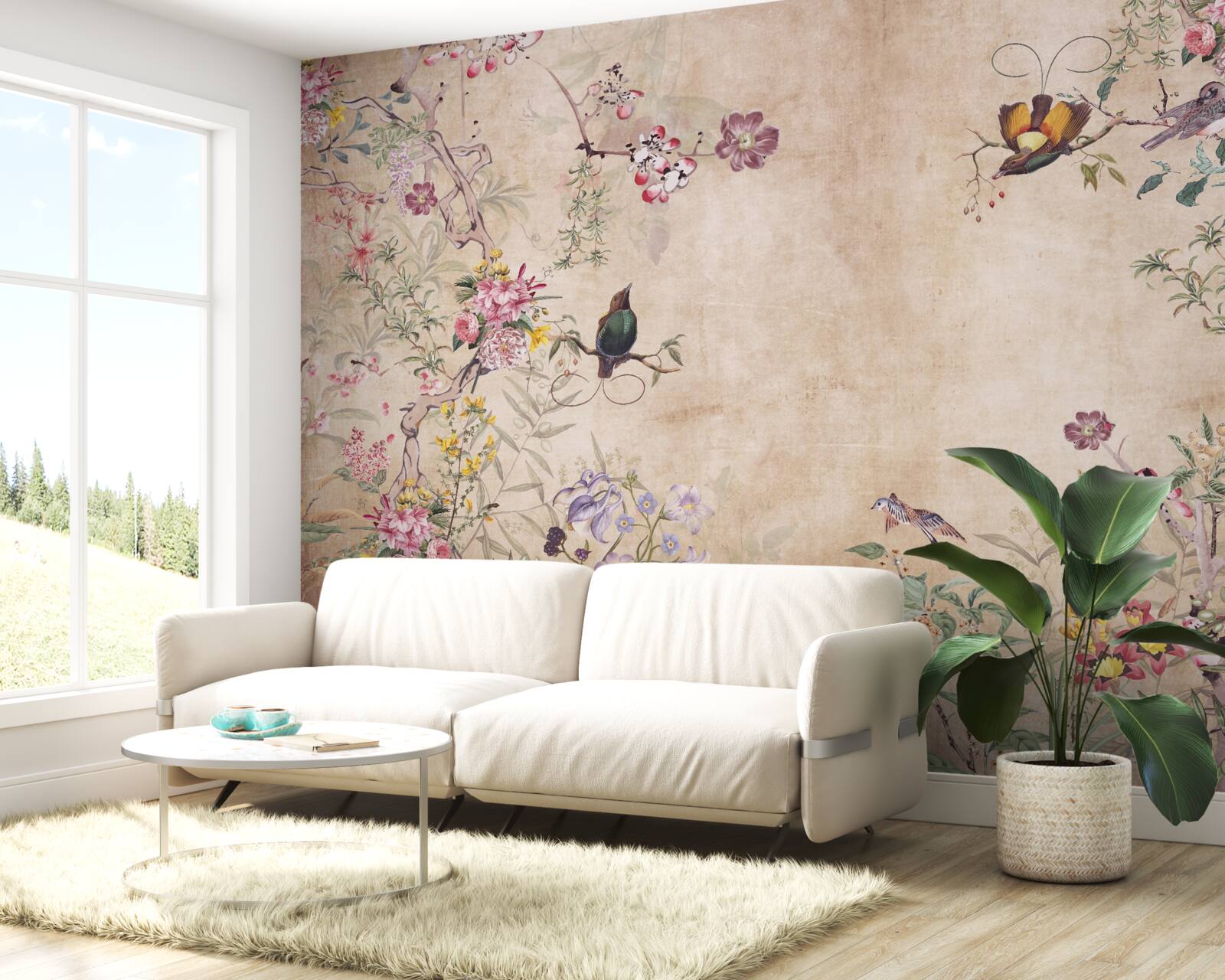 Fototapet păsări pe ramuri înflorite