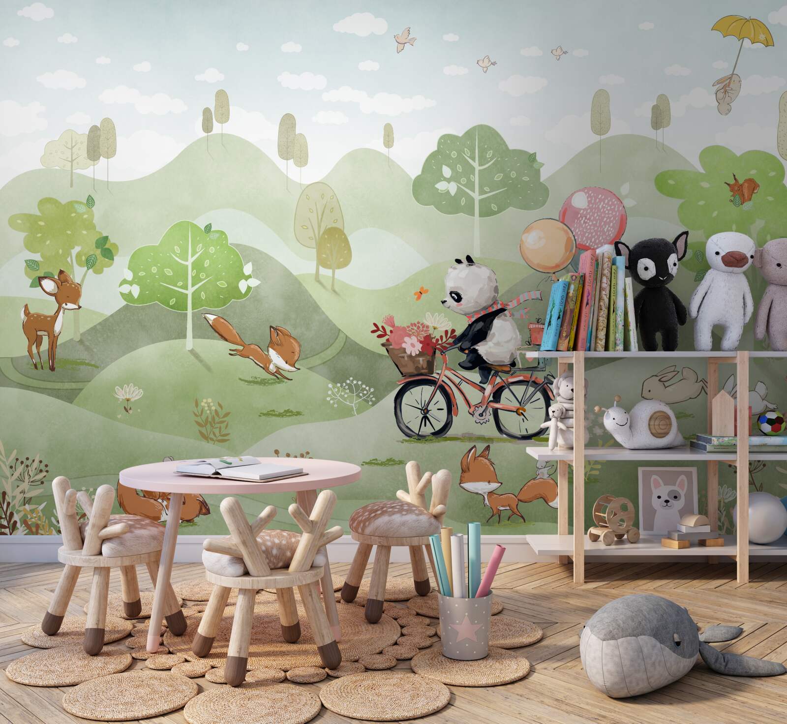 Fototapet bicicleta pe care călărește panda