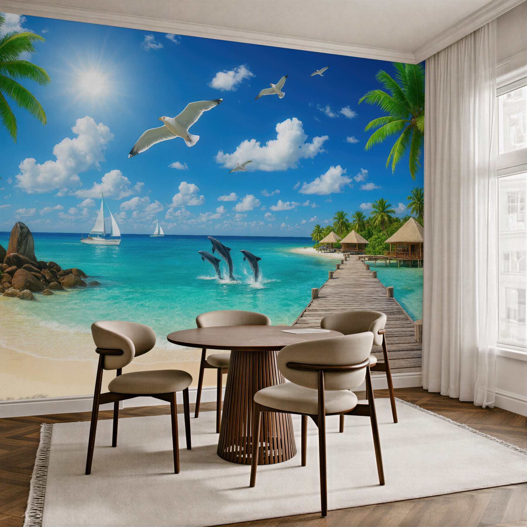 Fototapeta rajska plaża z delfinami i pomostem