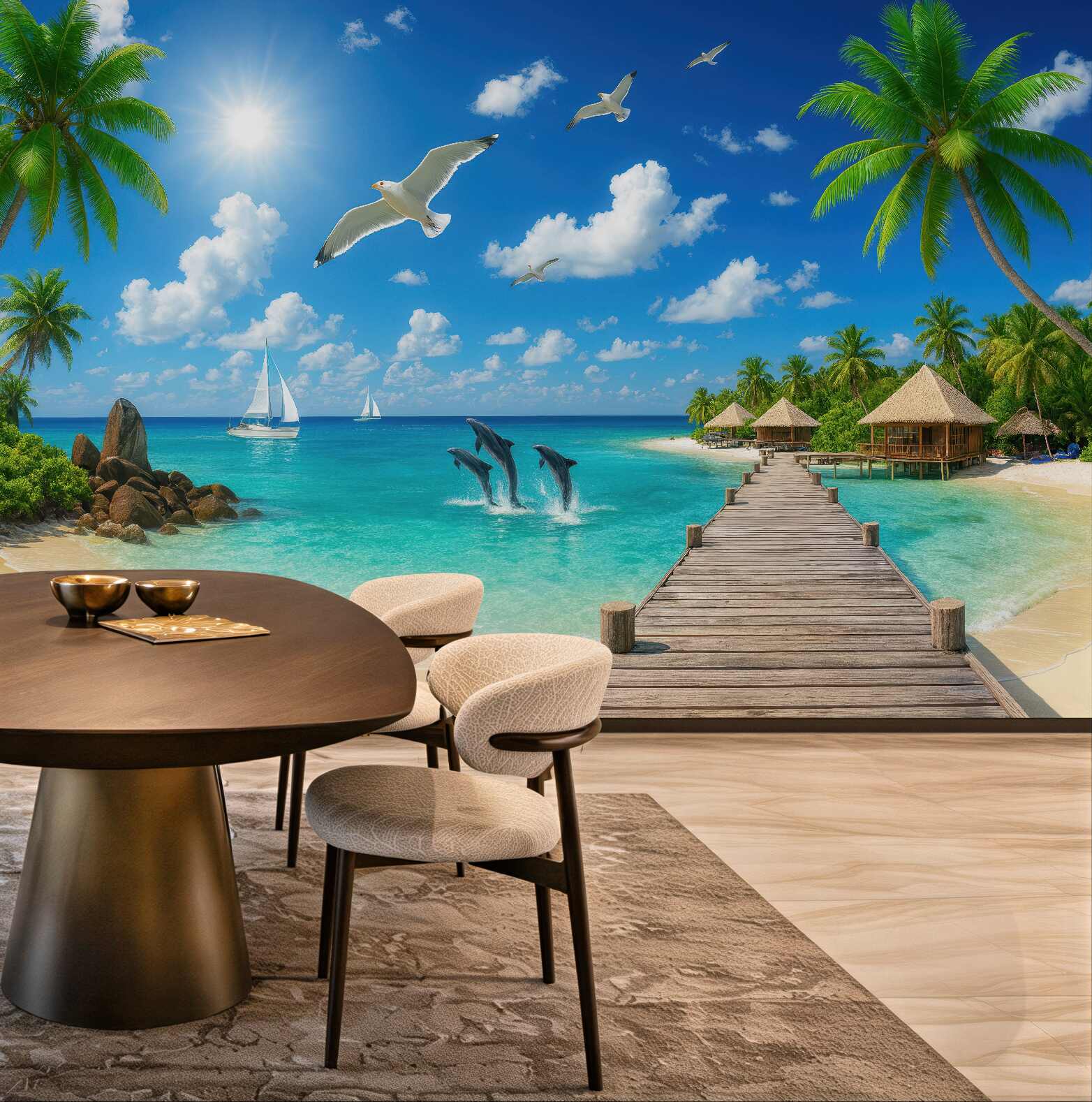 Fototapeta rajska plaża z delfinami i pomostem