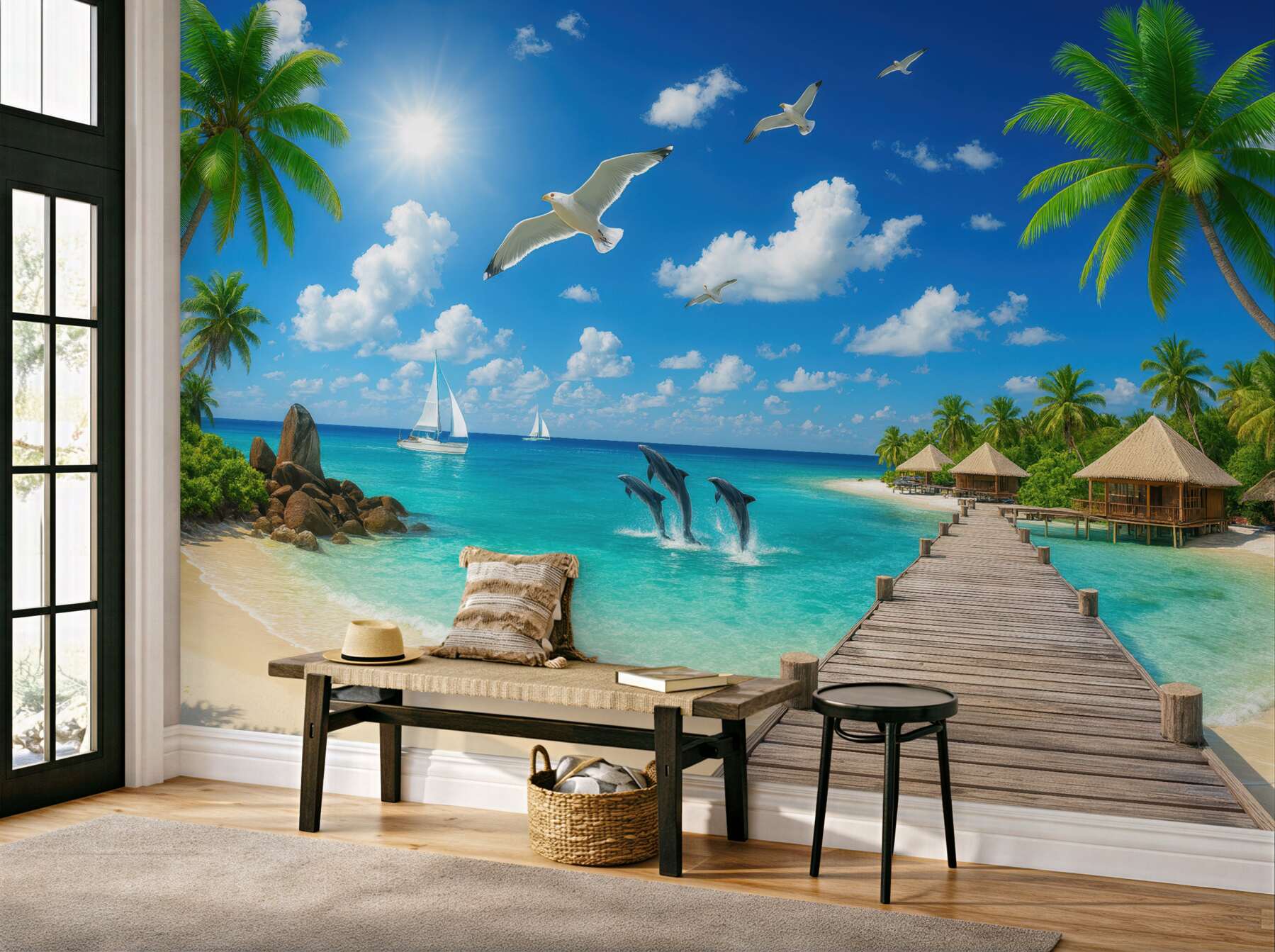 Fototapeta rajska plaża z delfinami i pomostem