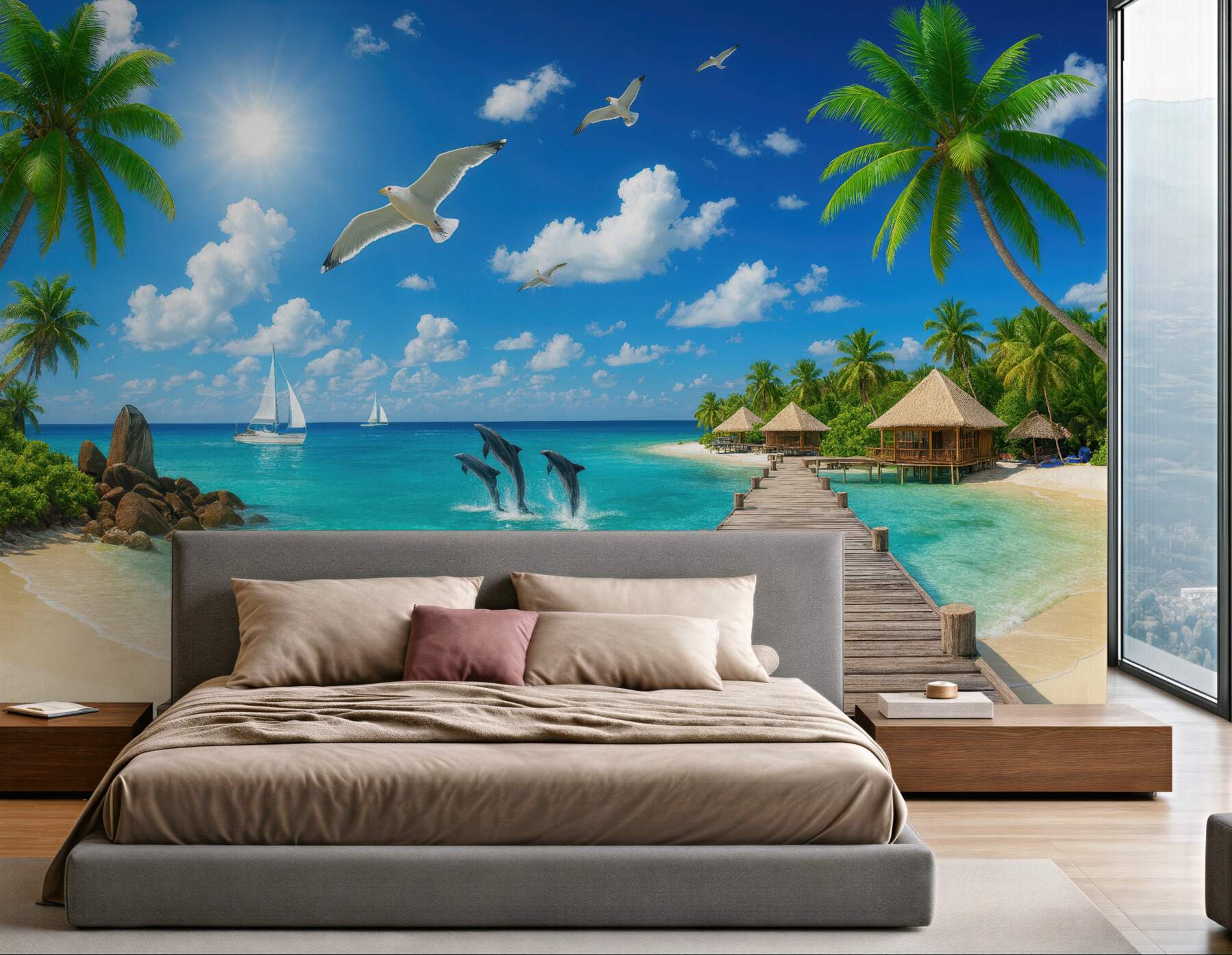 Fototapeta rajska plaża z delfinami i pomostem