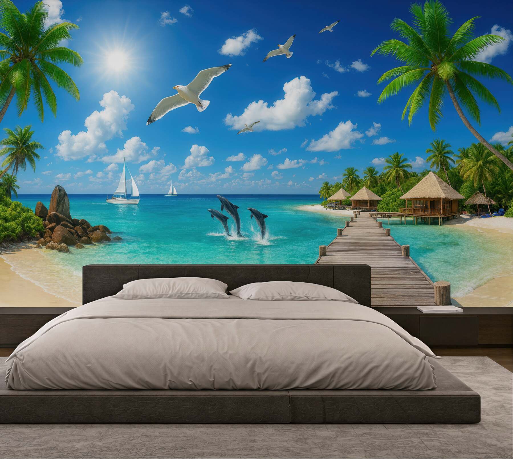 Fototapeta rajska plaża z delfinami i pomostem