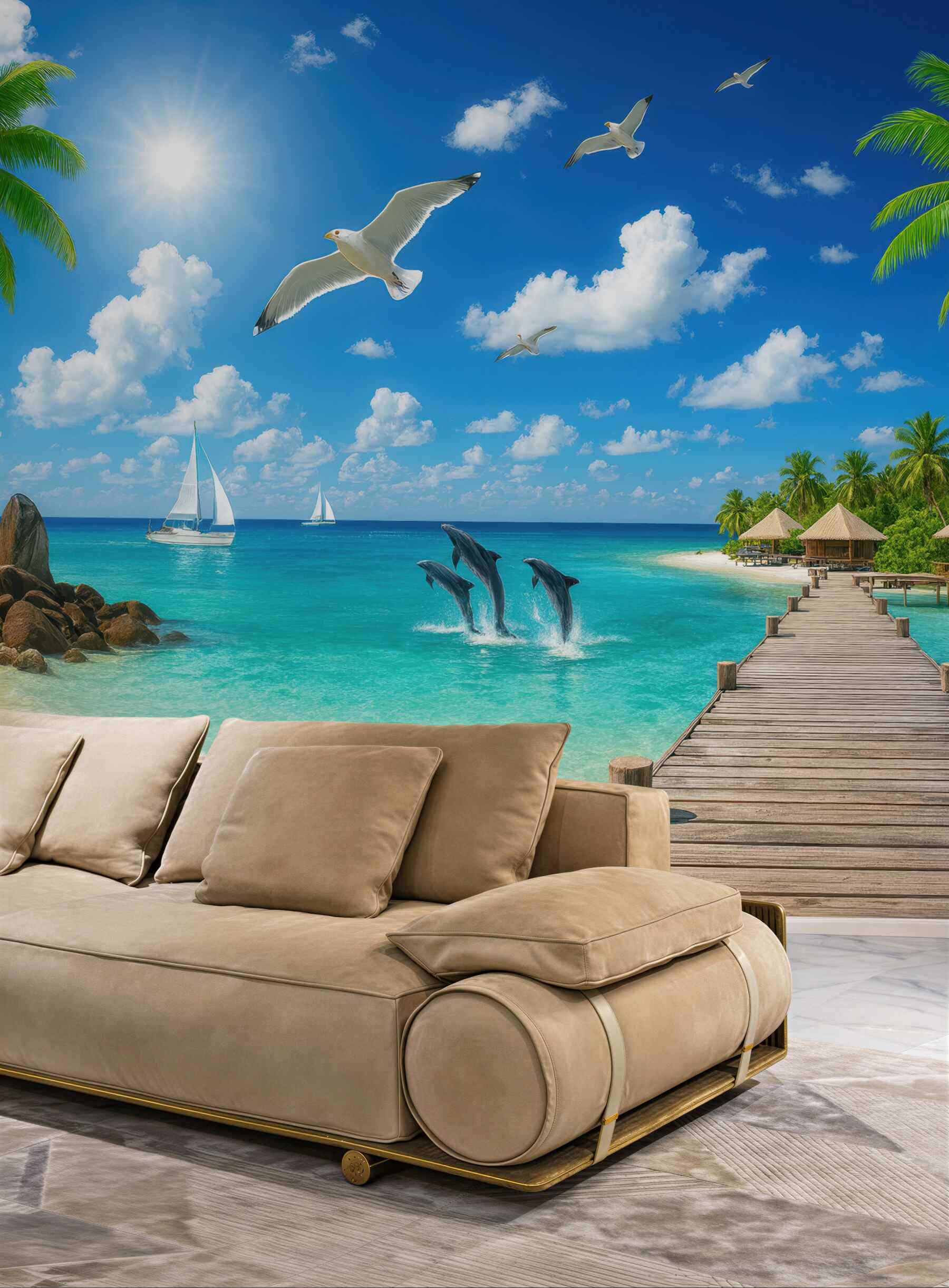 Fototapeta rajska plaża z delfinami i pomostem